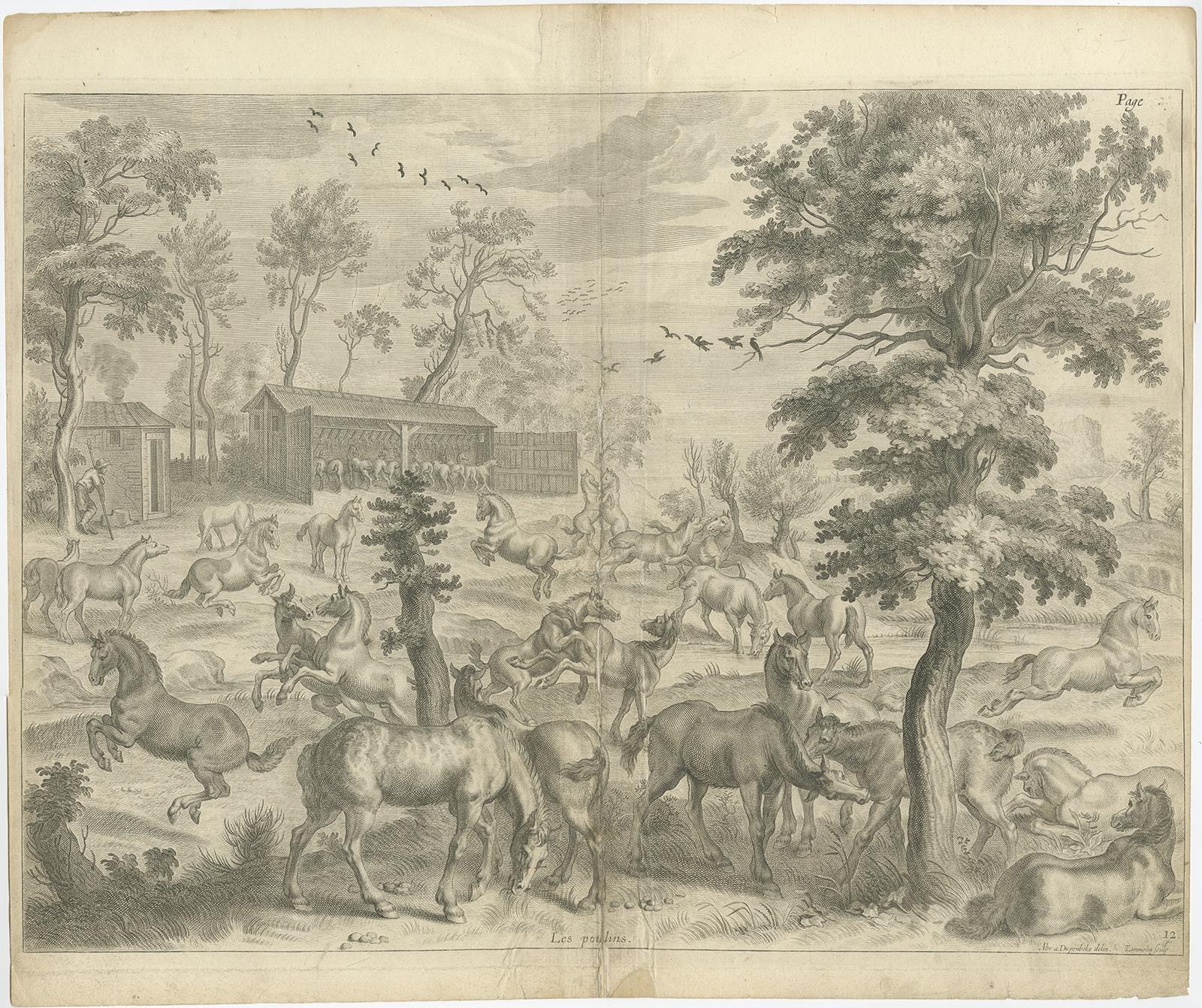 Antique horse print titled 'Les Poulins'. This print depicts a study of young horses. Source unknown, to be determined.

Artists and Engravers: By A. Lommelin after A. van Diepenbeeck.