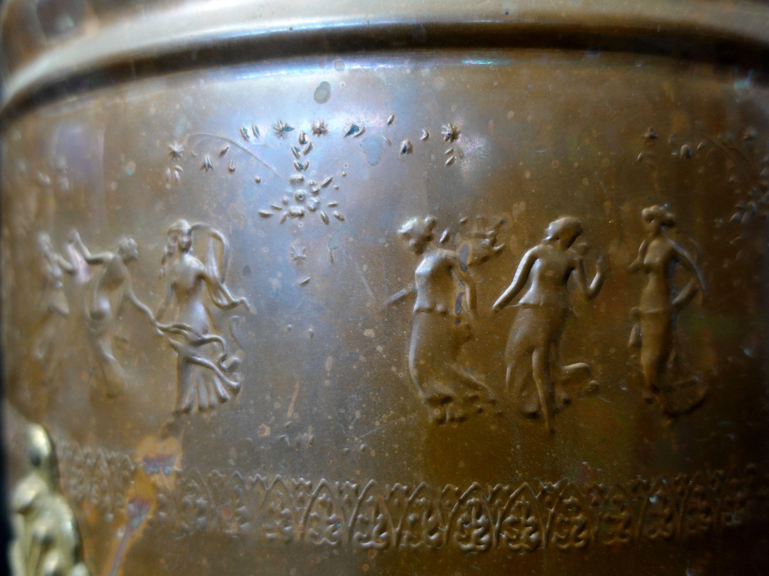  Old and Large Hand Hammered Footed Solid Copper/Brass Bucket w/Repousse Figures For Sale 4