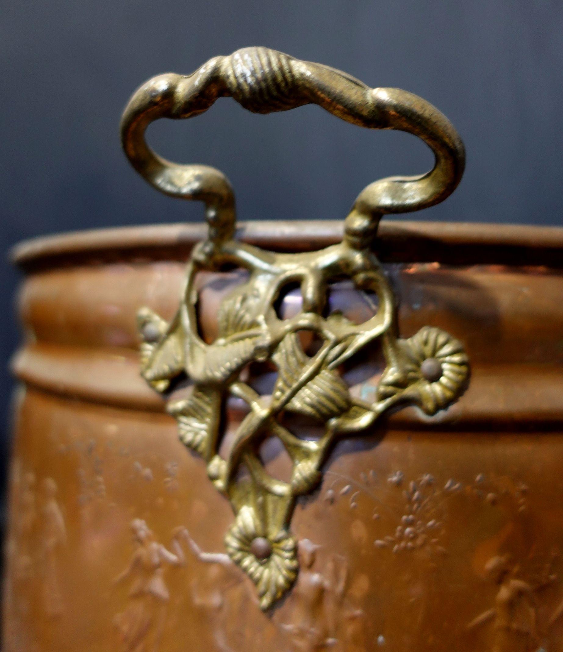  Old and Large Hand Hammered Footed Solid Copper/Brass Bucket w/Repousse Figures For Sale 7