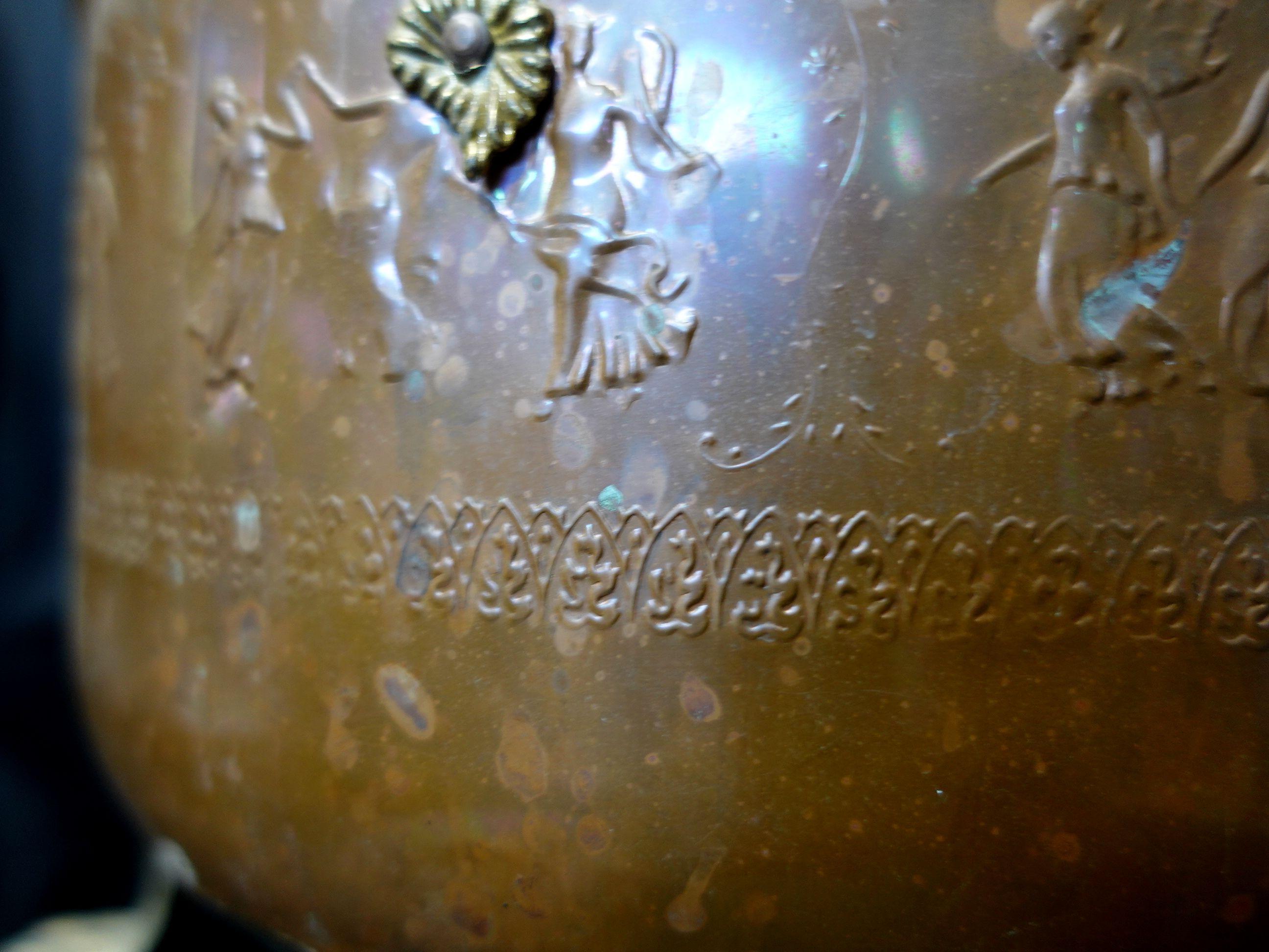  Old and Large Hand Hammered Footed Solid Copper/Brass Bucket w/Repousse Figures For Sale 8