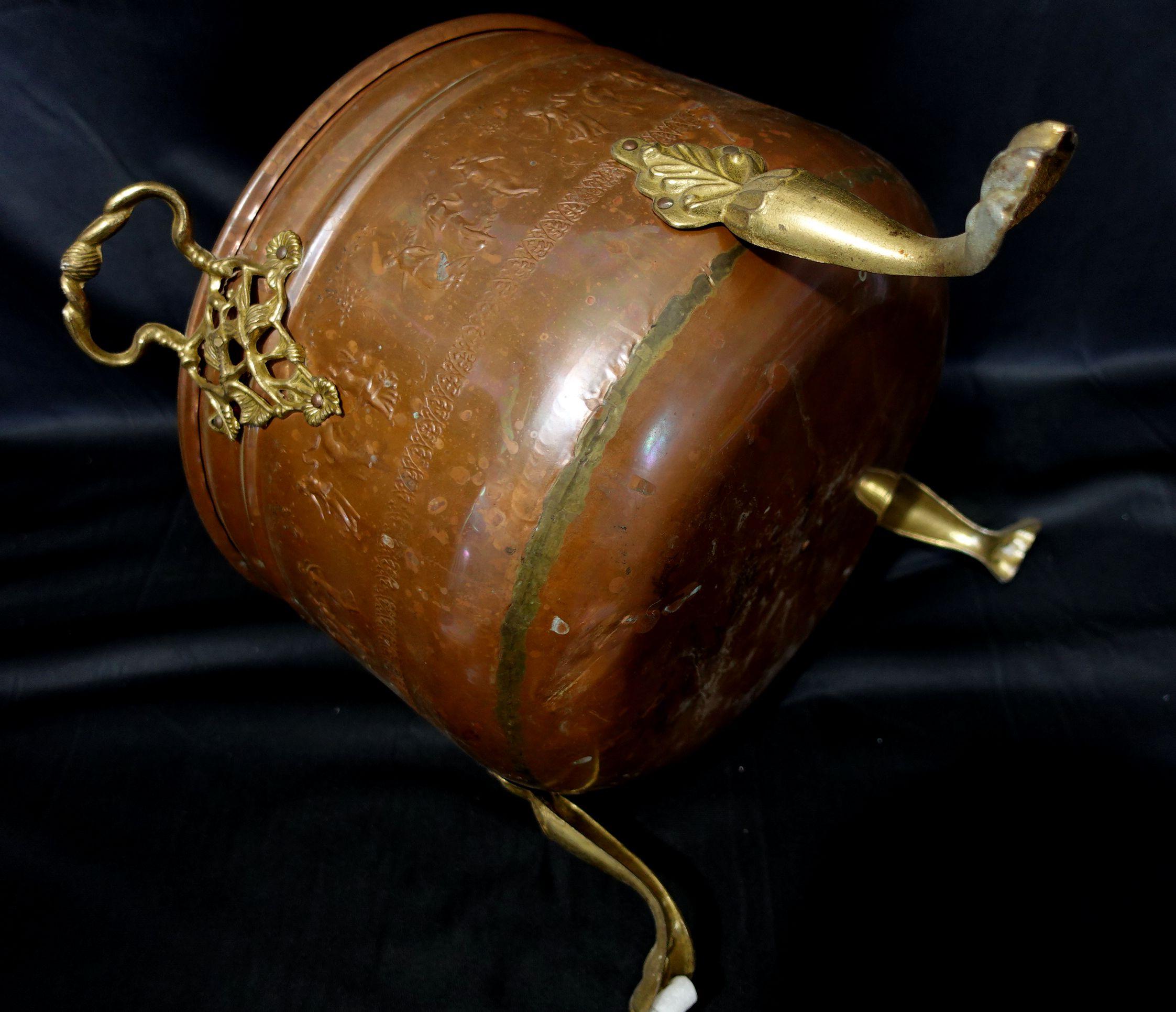 Old and Large Hand Hammered Footed Solid Copper/Brass Bucket w/Repousse Figures For Sale 9