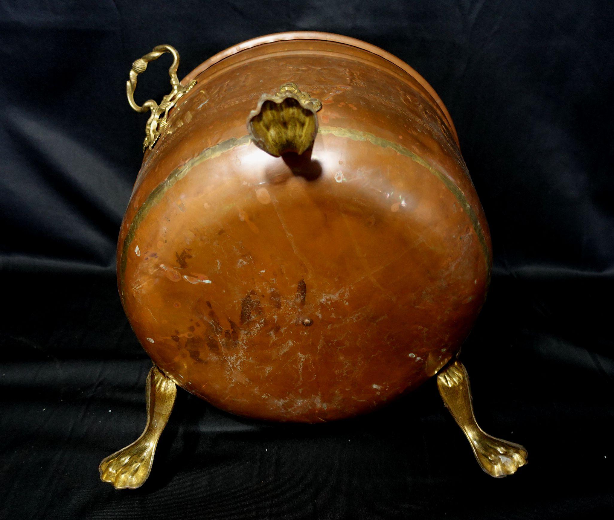  Old and Large Hand Hammered Footed Solid Copper/Brass Bucket w/Repousse Figures For Sale 11