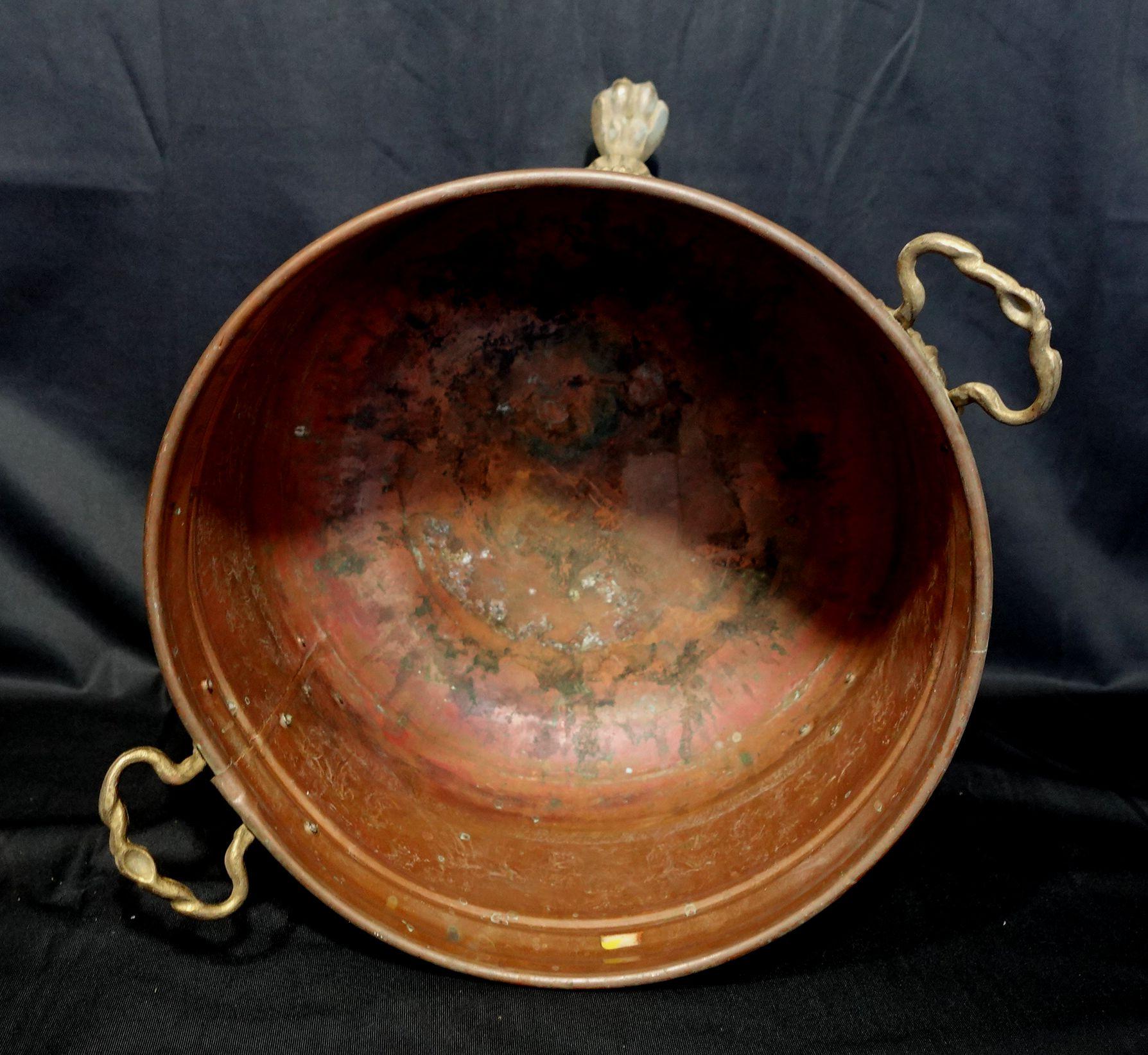  Old and Large Hand Hammered Footed Solid Copper/Brass Bucket w/Repousse Figures For Sale 12