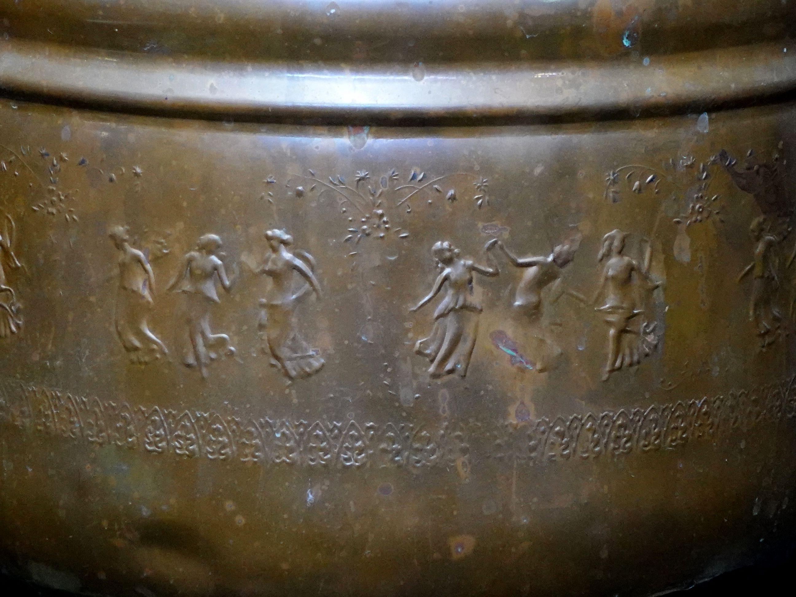Old and Large Hand Hammered Footed Copper and brass Bucket/Stockpot with 3 Brass Claw Feet, and repousse patterns of dancing figures, and decorated patterns all around the entire body

11.5