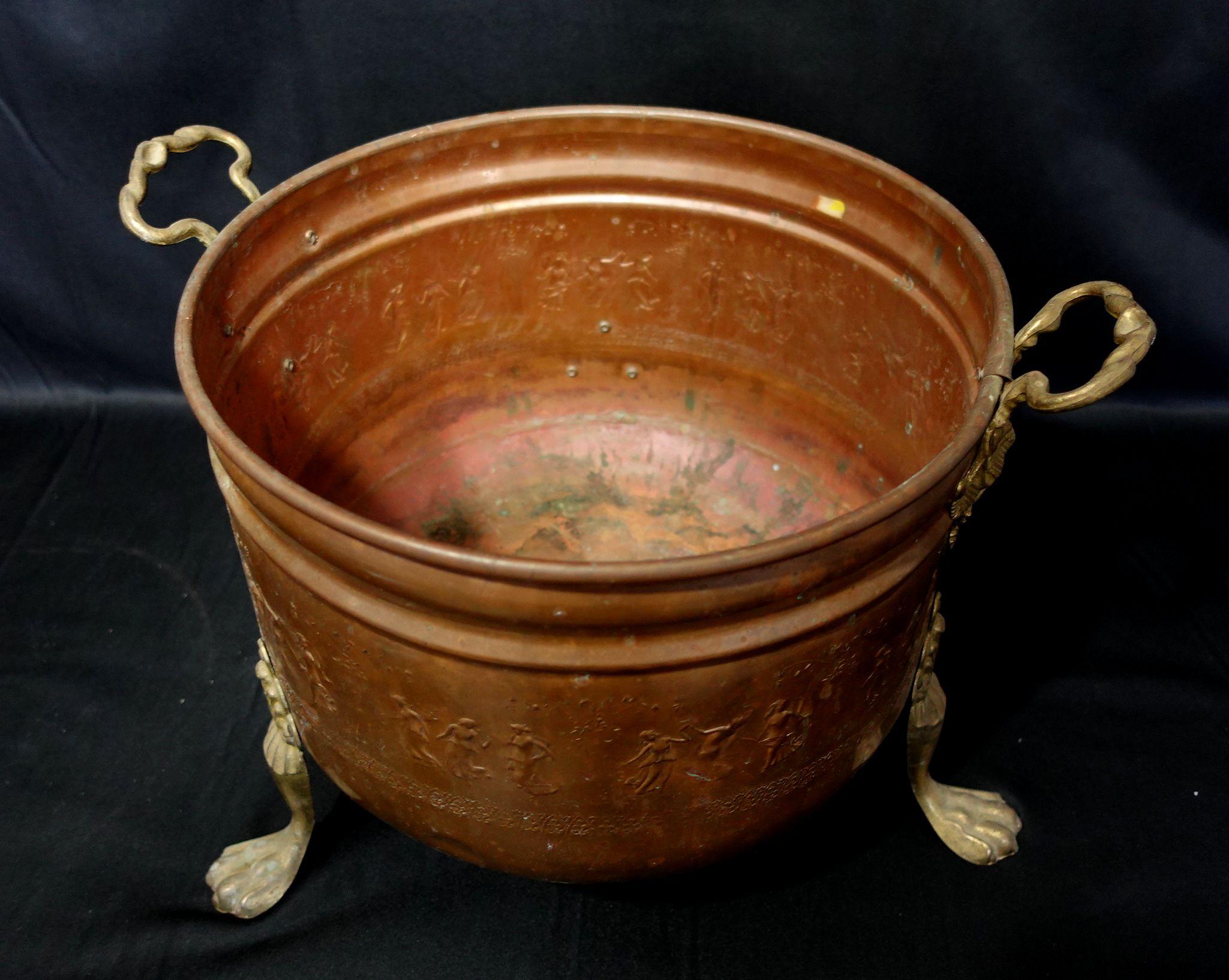 American  Old and Large Hand Hammered Footed Solid Copper/Brass Bucket w/Repousse Figures For Sale