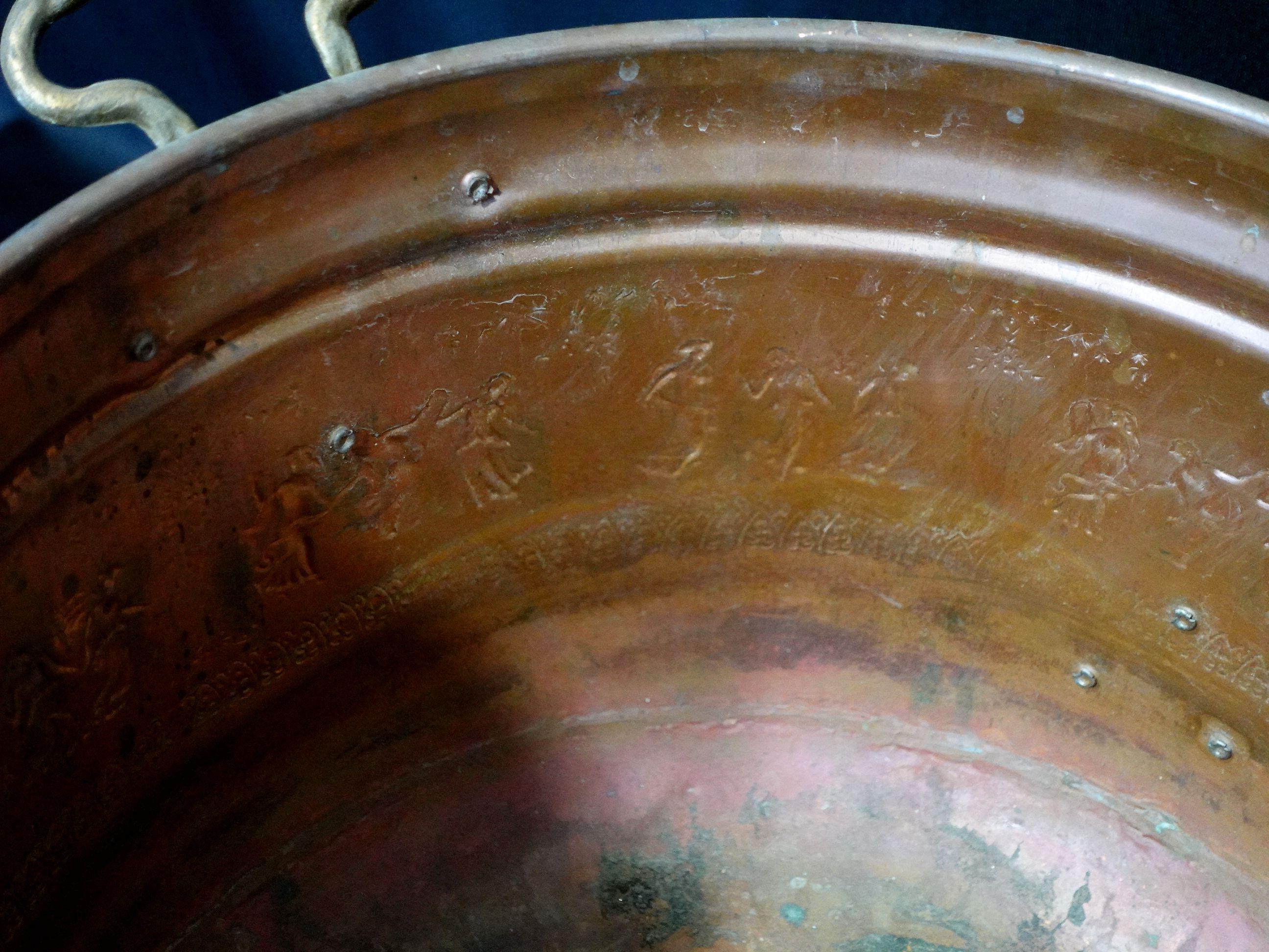 Hand-Crafted  Old and Large Hand Hammered Footed Solid Copper/Brass Bucket w/Repousse Figures For Sale