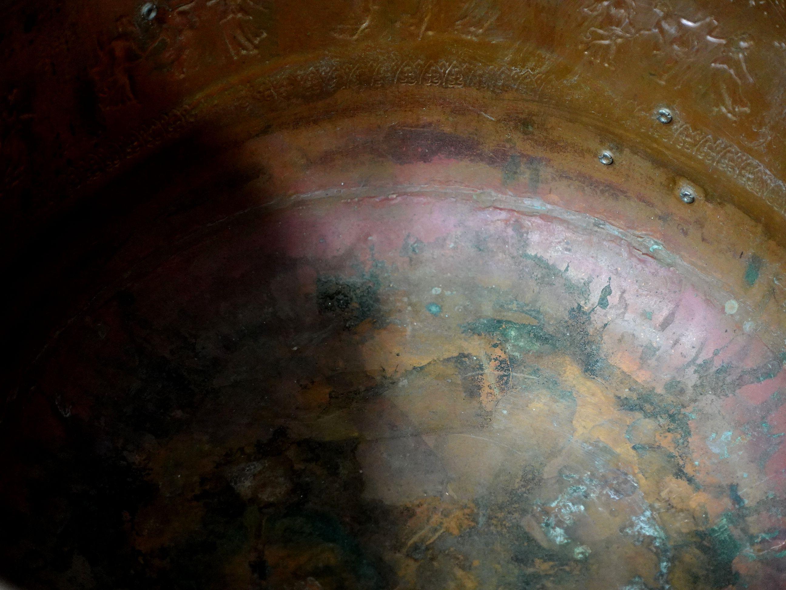  Old and Large Hand Hammered Footed Solid Copper/Brass Bucket w/Repousse Figures In Good Condition For Sale In Norton, MA