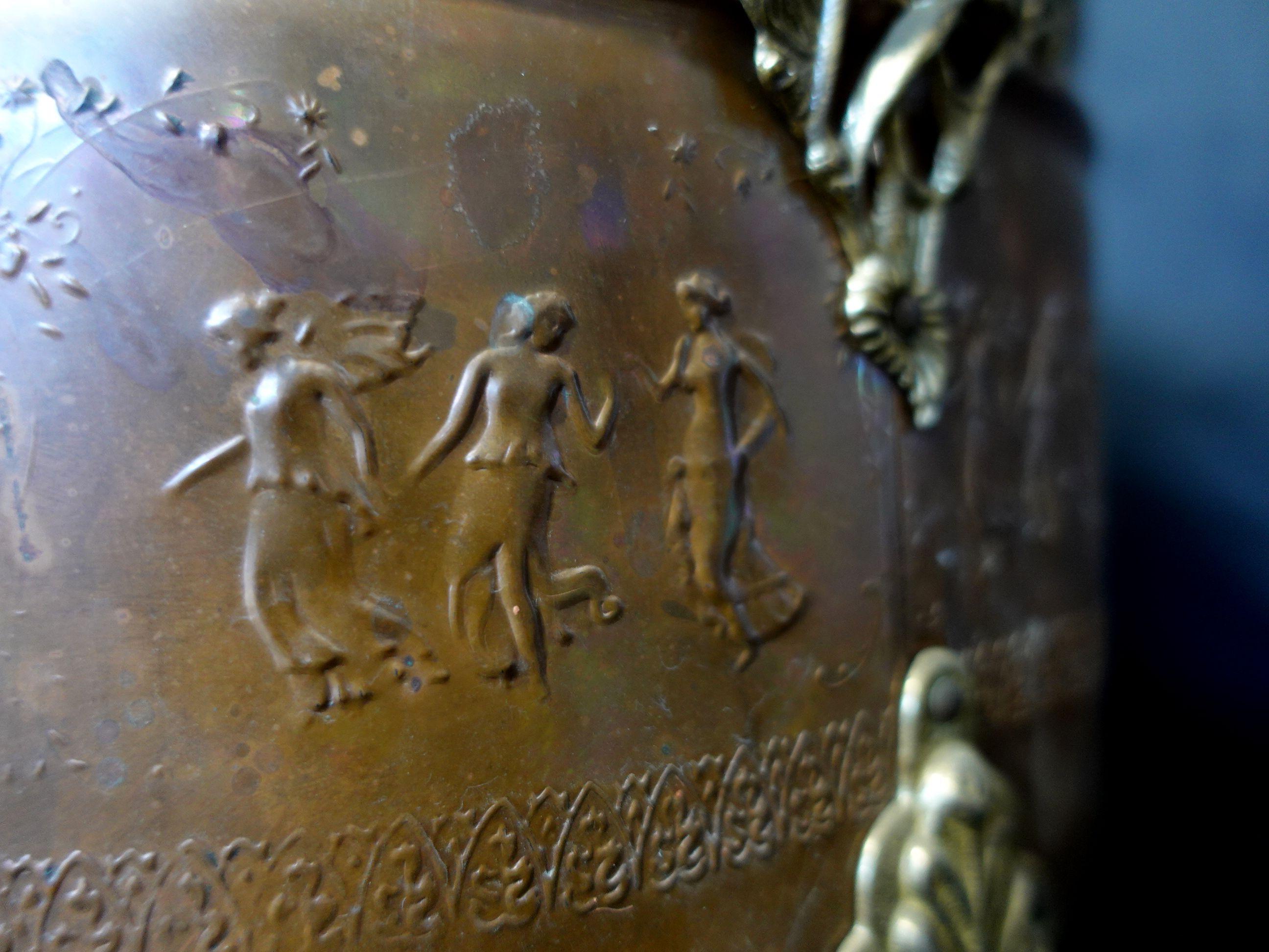 20th Century  Old and Large Hand Hammered Footed Solid Copper/Brass Bucket w/Repousse Figures For Sale