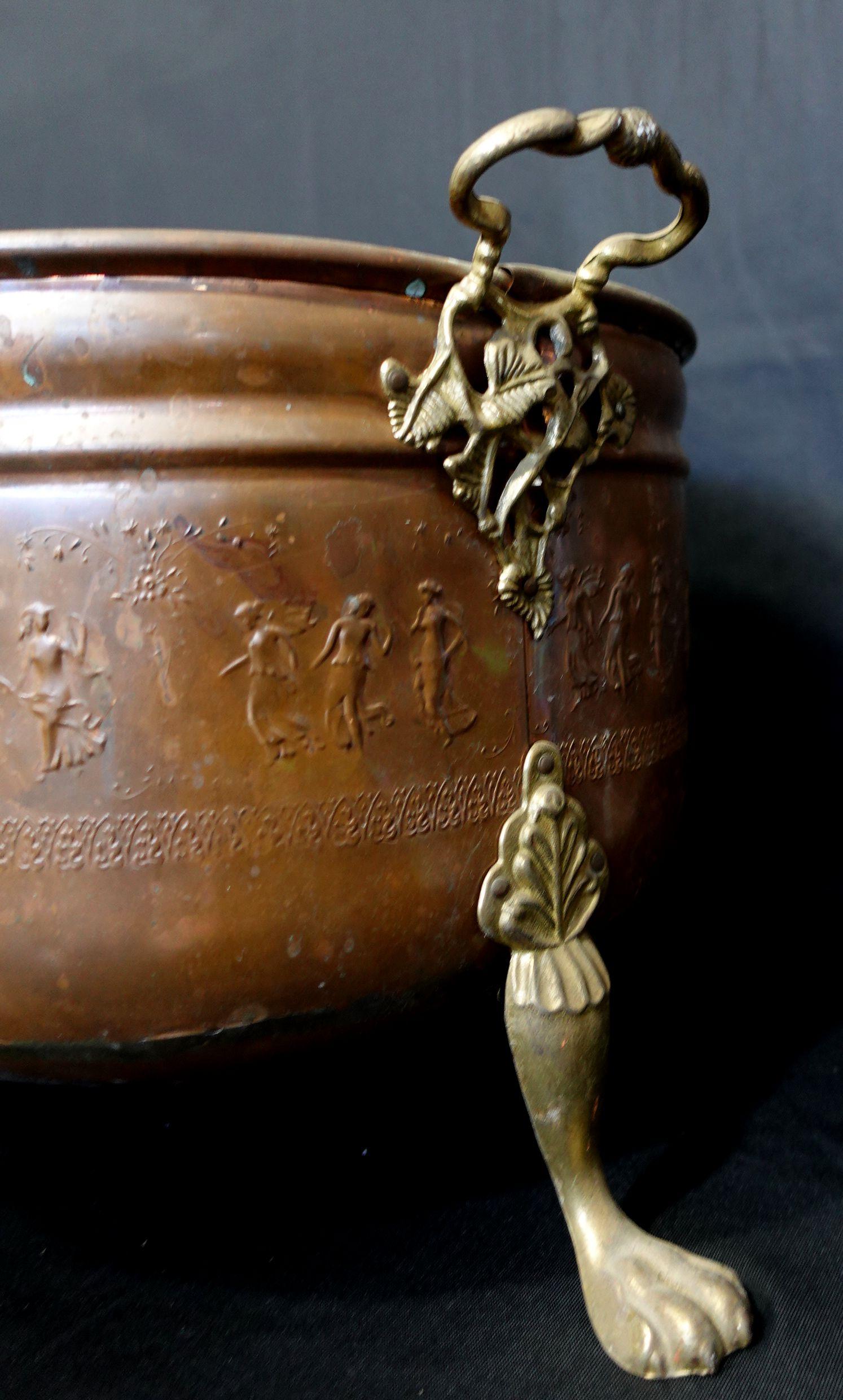  Old and Large Hand Hammered Footed Solid Copper/Brass Bucket w/Repousse Figures For Sale 2