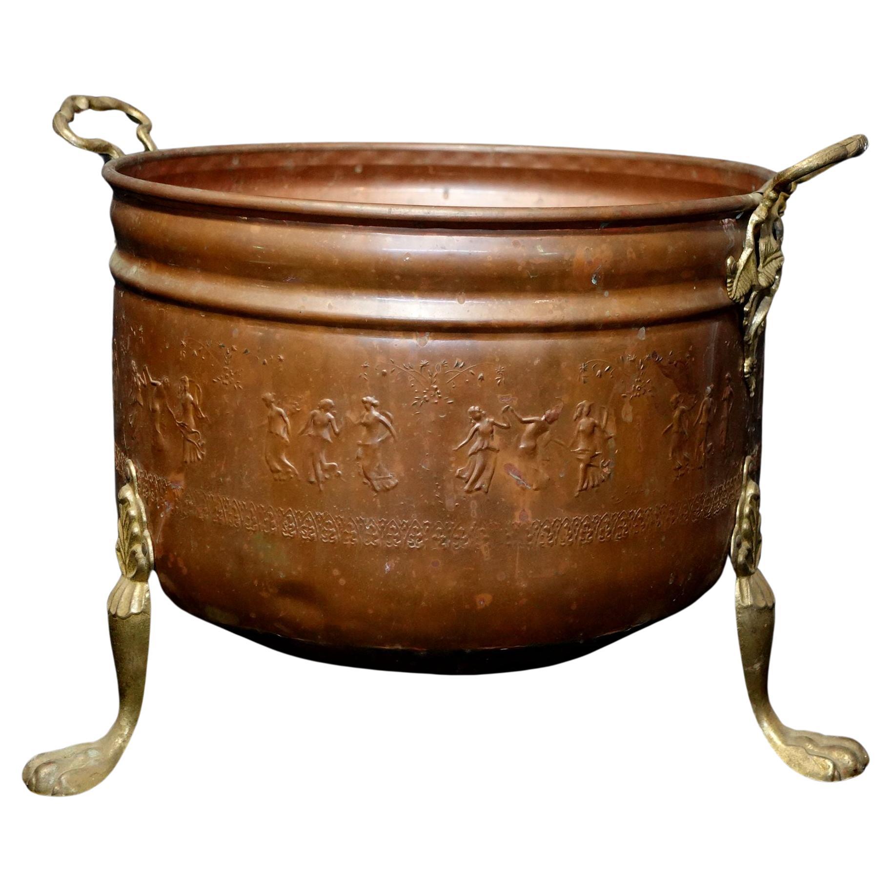  Old and Large Hand Hammered Footed Solid Copper/Brass Bucket w/Repousse Figures For Sale