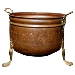Antique  Old and Large Hand Hammered Footed Solid Copper/Brass Bucket w/Repousse Figures