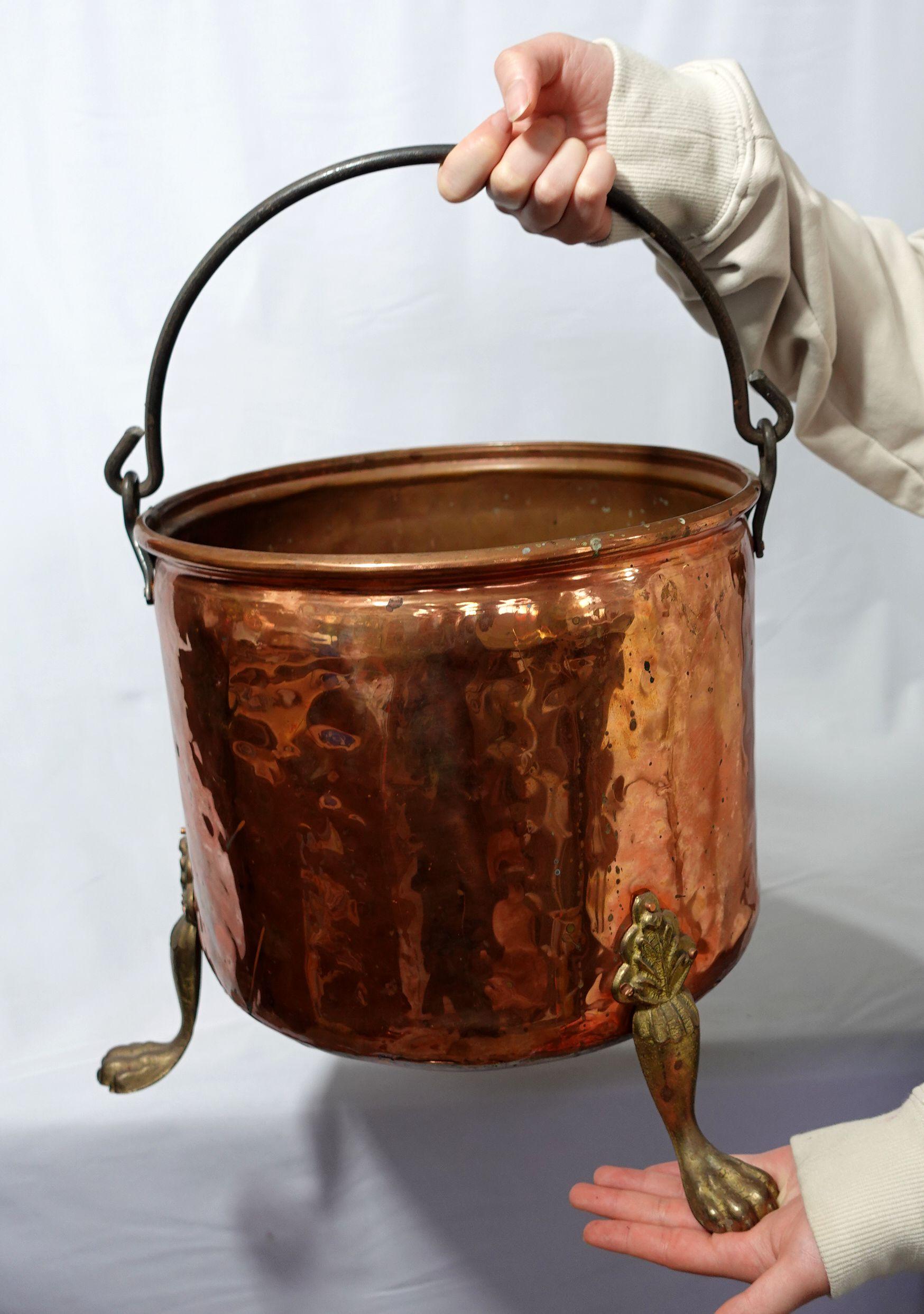  Old and Large Hand Hammered Footed Solid Copper Bucket/Stockpot CO#003 For Sale 9