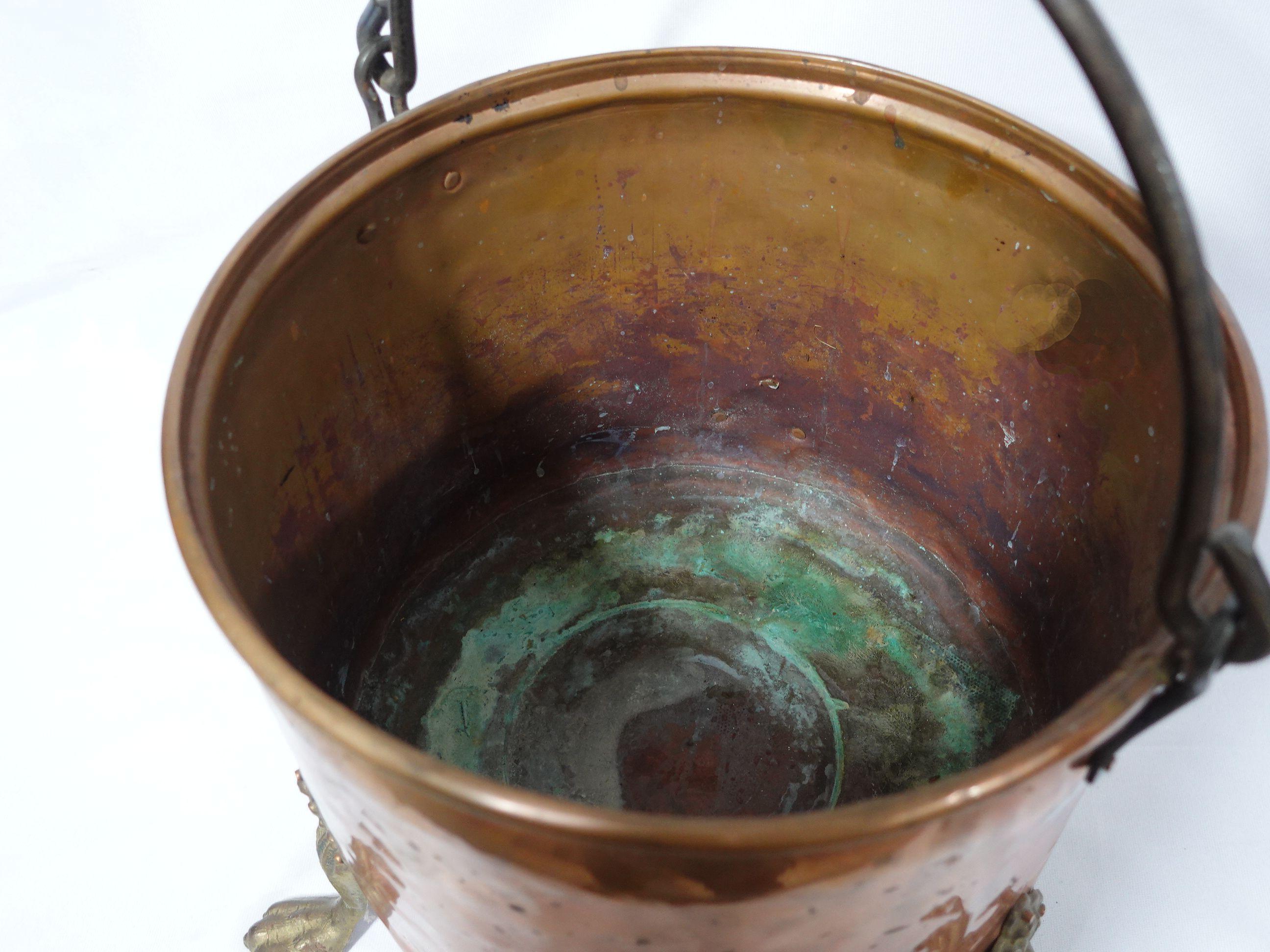  Old and Large Hand Hammered Footed Solid Copper Bucket/Stockpot CO#003 For Sale 1