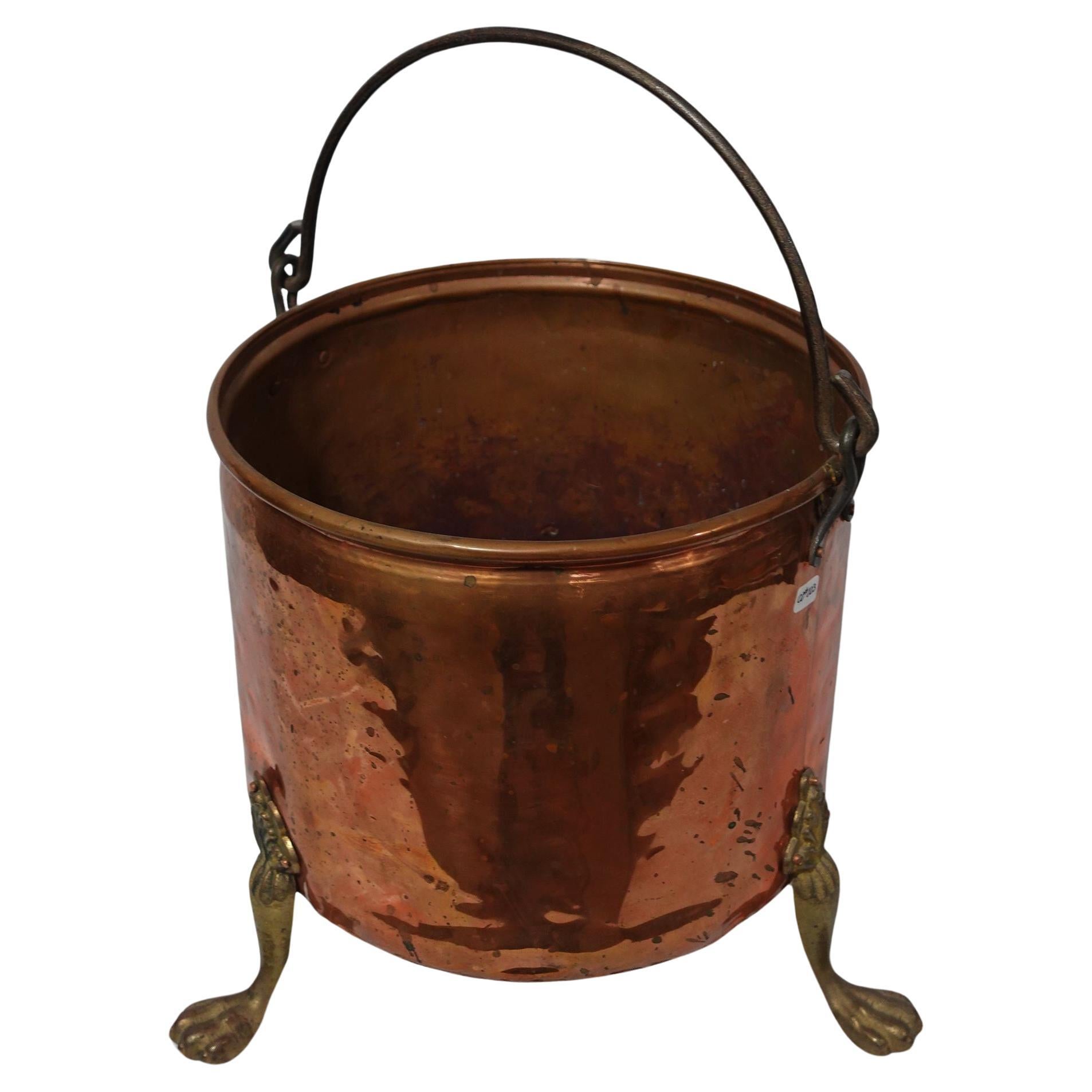  Old and Large Hand Hammered Footed Solid Copper Bucket/Stockpot CO#003 For Sale