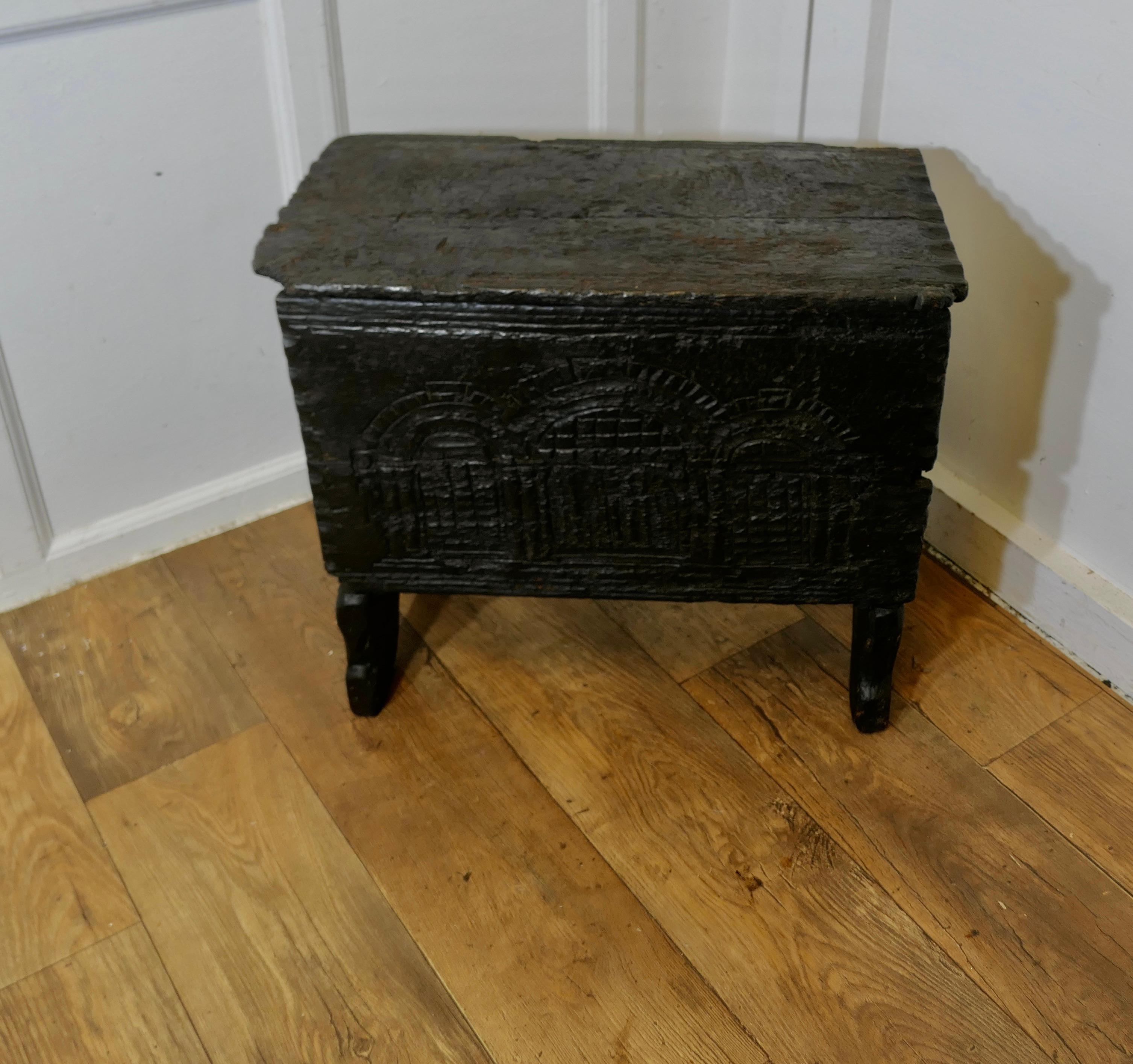 Gothic Old and Primitive Carved 16th Century 5 Plank Oak Coffer