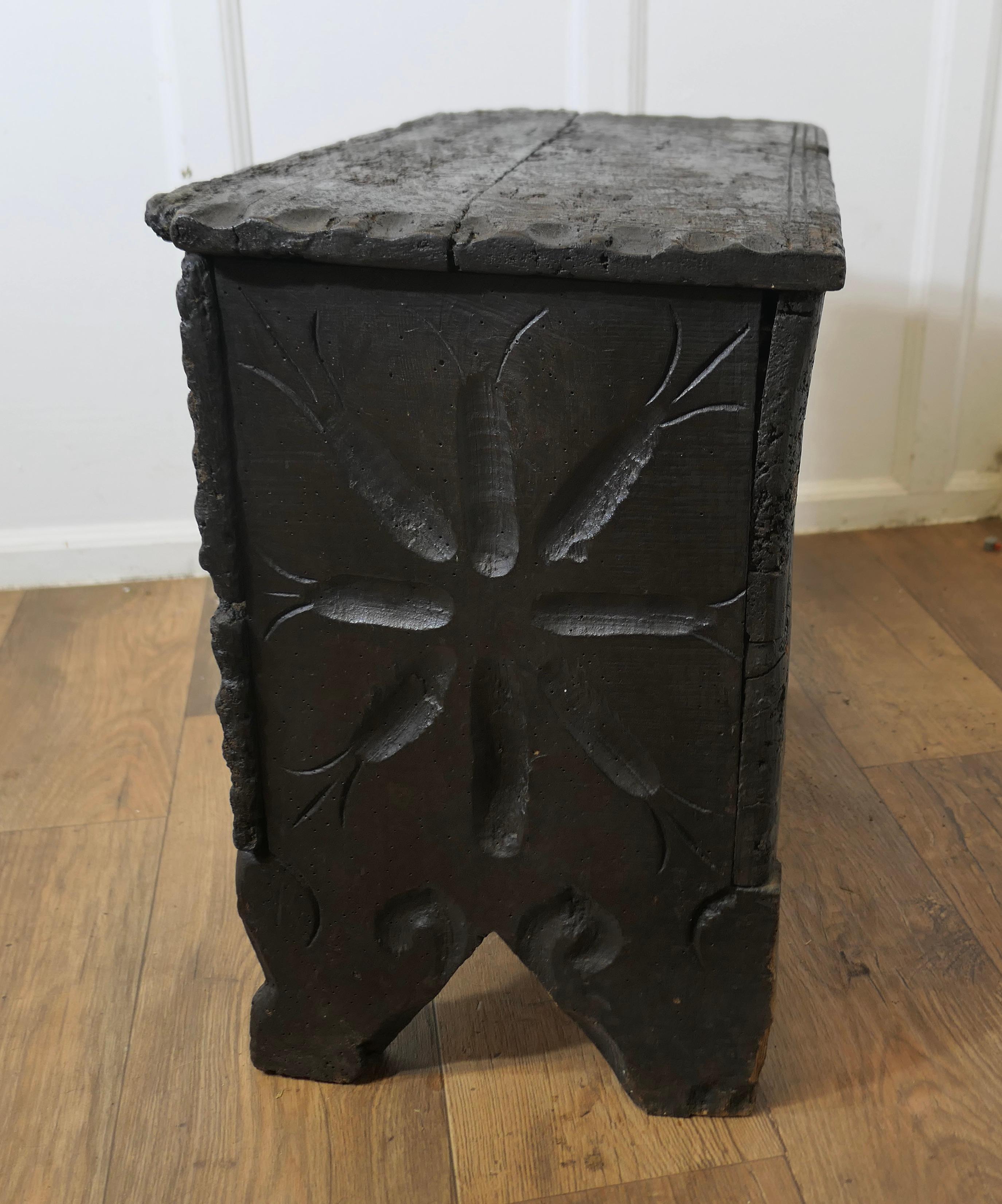 Old and Primitive Carved 16th Century 5 Plank Oak Coffer 2