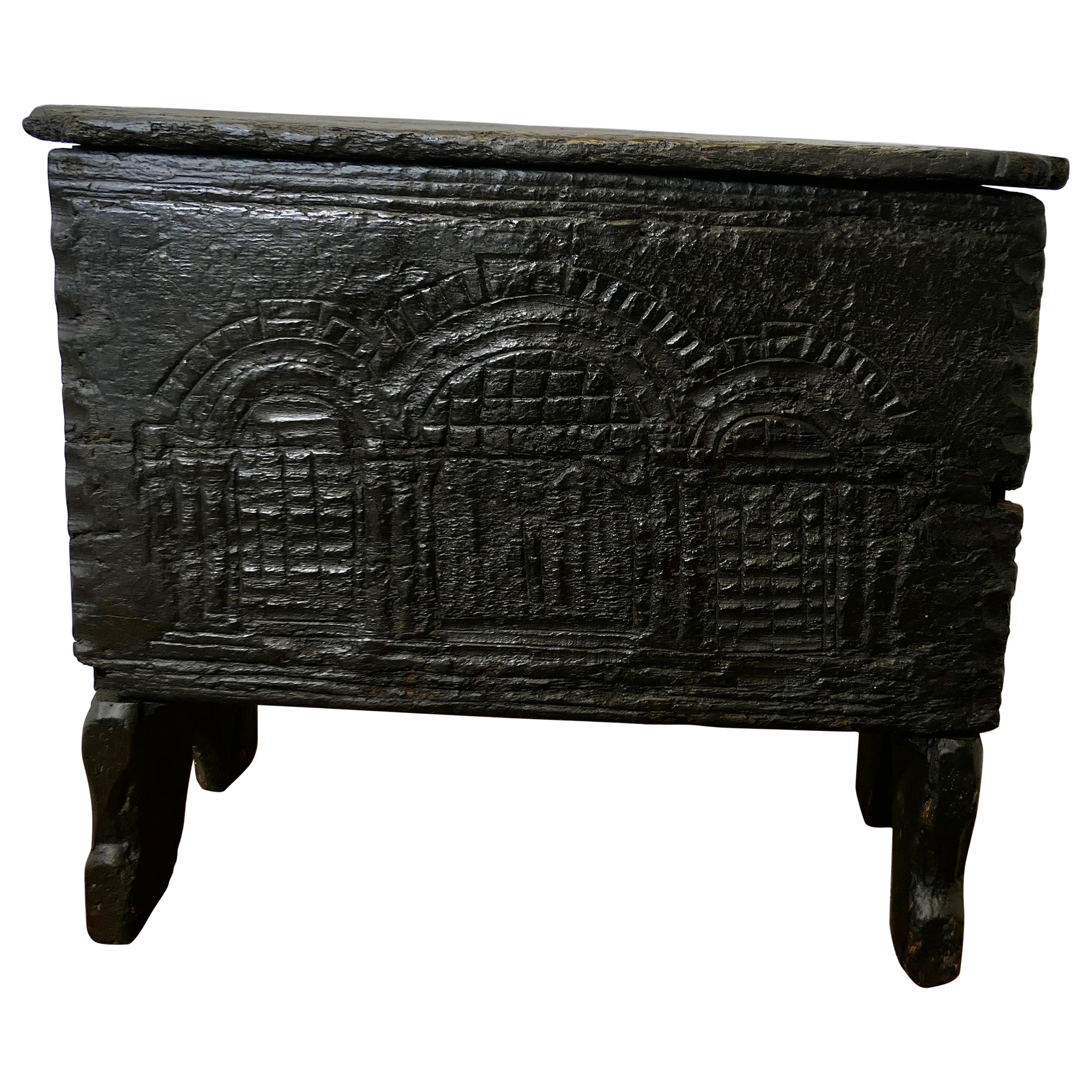 Old and Primitive Carved 16th Century 5 Plank Oak Coffer
