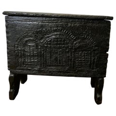 Old and Primitive Carved 16th Century 5 Plank Oak Coffer