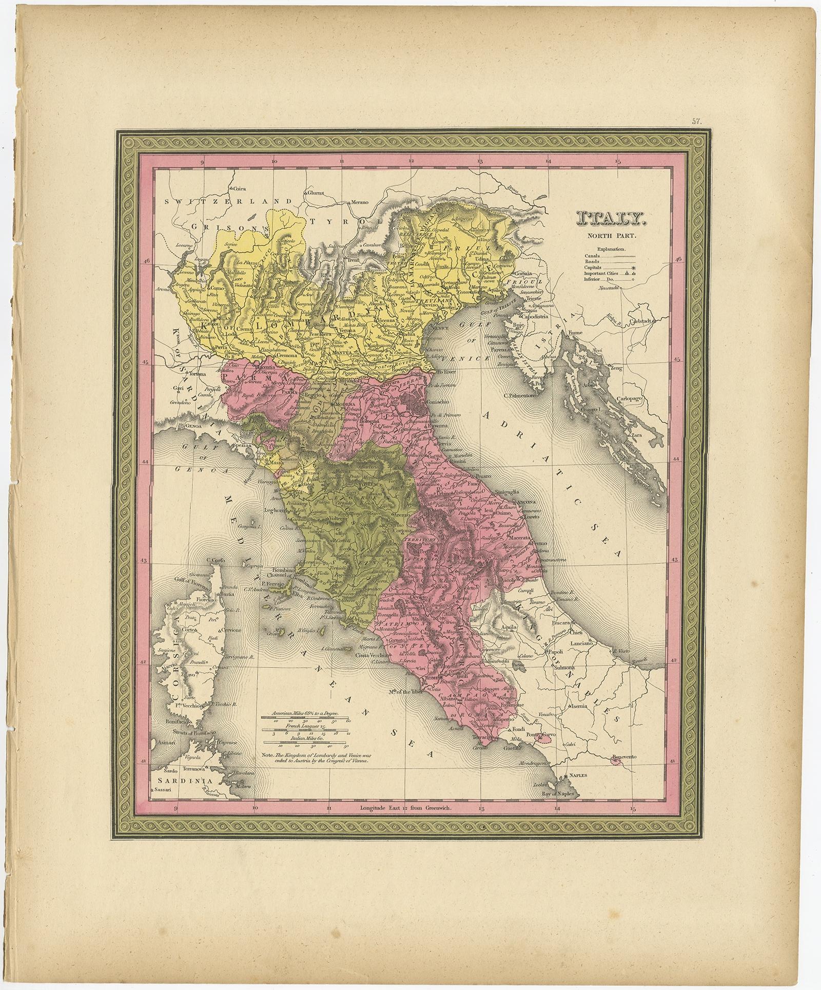 Description: Antique map titled 'Italy North Part'. 

Old map of Northern Italy. This map originates from 'A New Universal Atlas Containing Maps of the various Empires, Kingdoms, States and Republics Of The World (..) by S.A. Mitchell. 

Artists