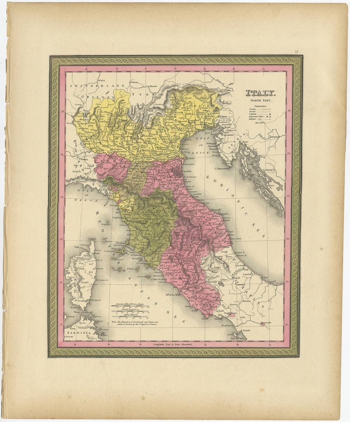 Old Antique Colorful Decorative Map of Northern Italy, 1846