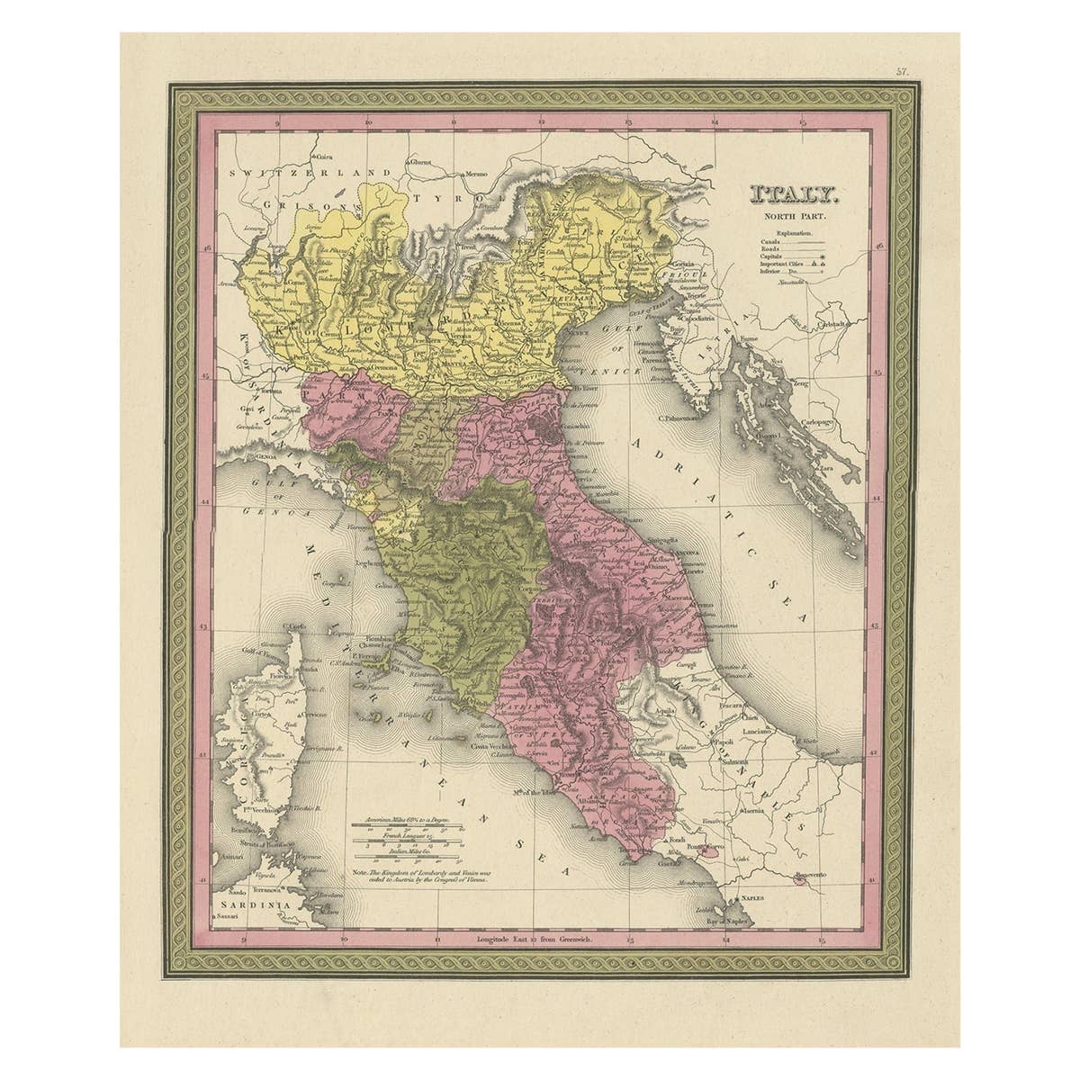 Old Antique Colorful Decorative Map of Northern Italy, 1846