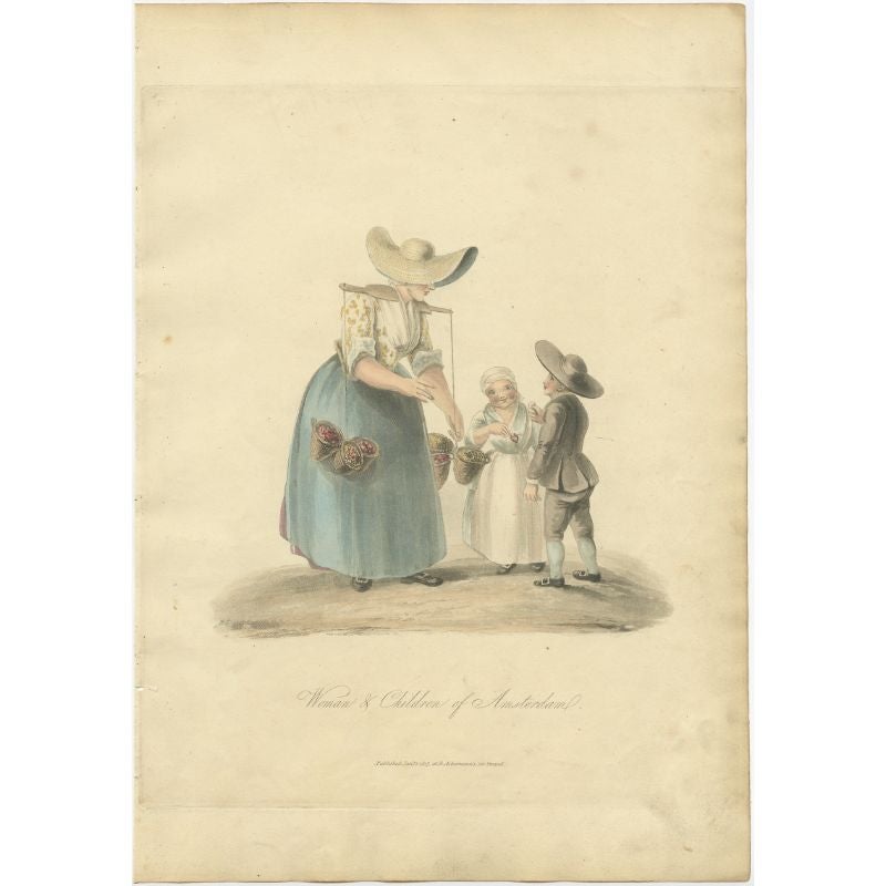 Antique costume print titled 'Woman & Children of Amsterdam'. Old costume print depicting a woman and children from Amsterdam. This print originates from 'The Costume of the Netherlands displayed in thirty coloured engravings'. 

Artists and