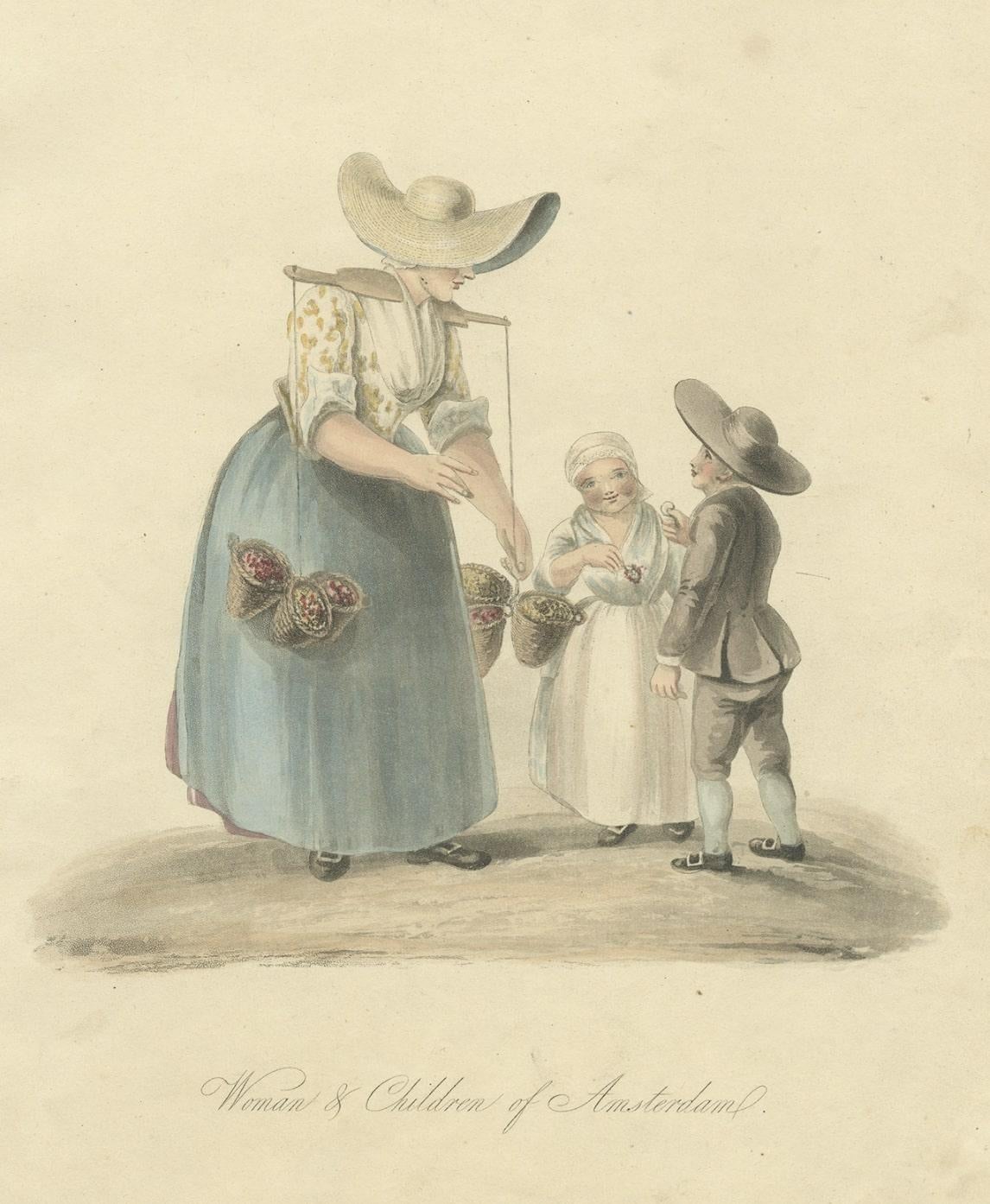 Paper Old Antique Engraving of a Woman and Children of Amsterdam, Holland, 1817 For Sale