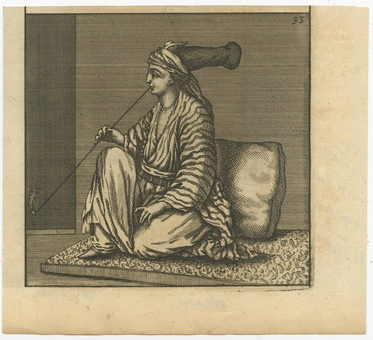 Old Antique Engraving of an Arab Sitting on a Carpet and Smoking a Pipe, 1698