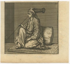 Old Antique Engraving of an Arab Sitting on a Carpet and Smoking a Pipe, 1698