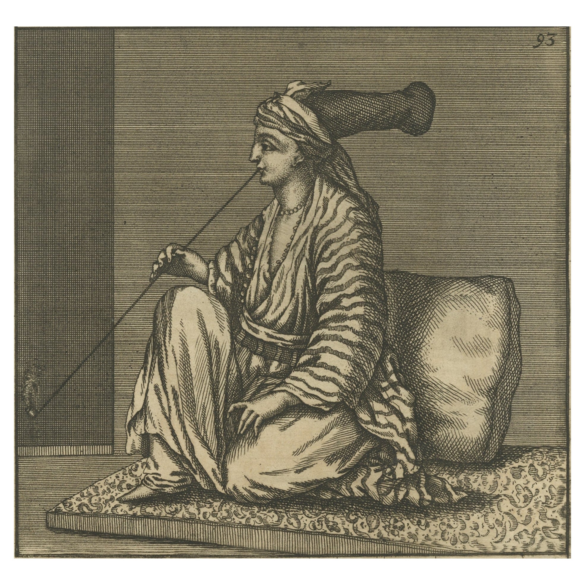 Incisione antica di un arabo seduto su un tappeto che fuma la pipa, 1698
