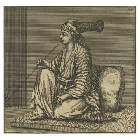 Old Antique Engraving of an Arab Sitting on a Carpet and Smoking a Pipe, 1698
