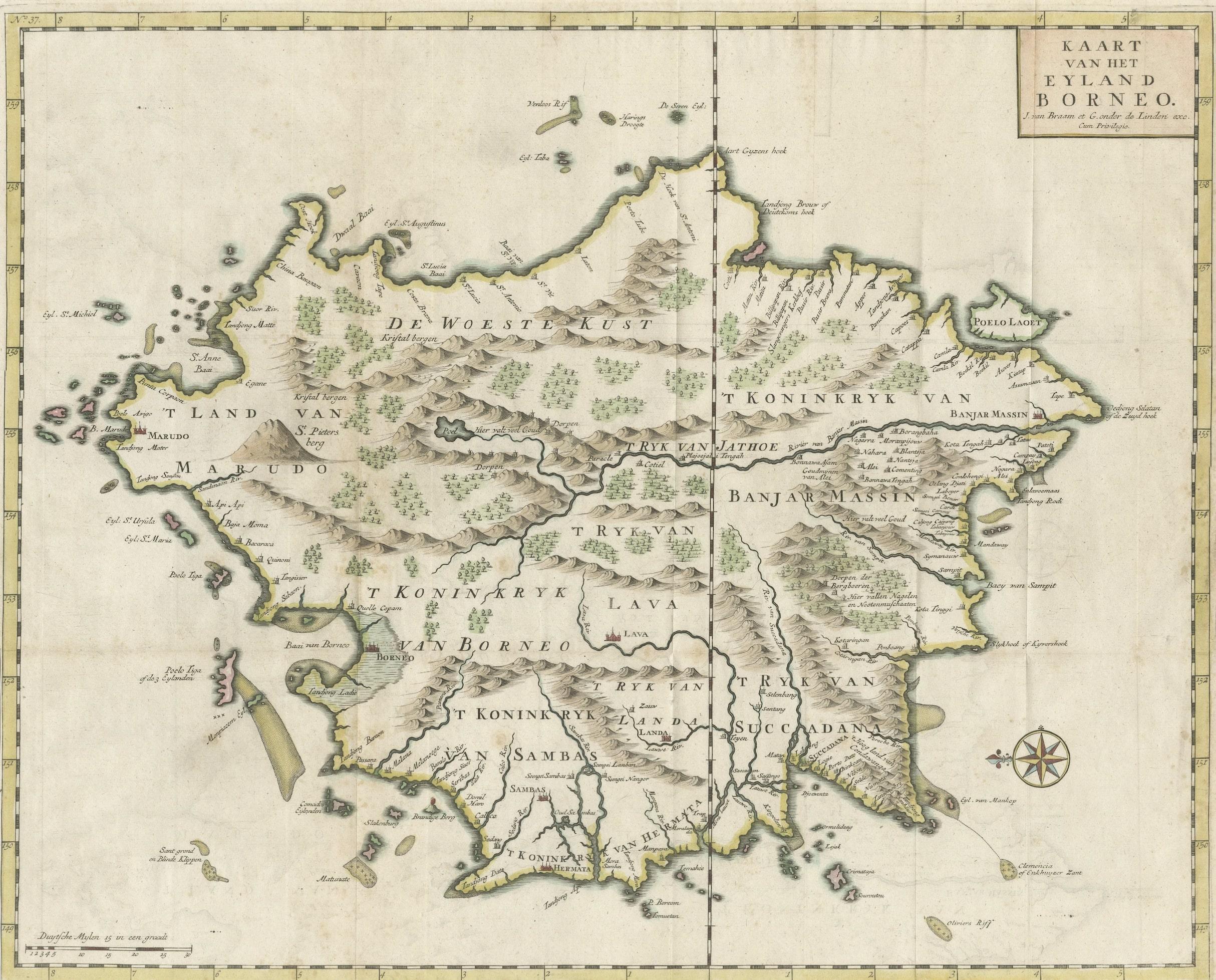 Antike Karte mit dem Titel 'Kaart van het Eyland Borneo'. Original antike Karte der Insel Borneo. Veröffentlicht 1724-1726 von Joannes van Braam und Gerard Onder de Linden in 