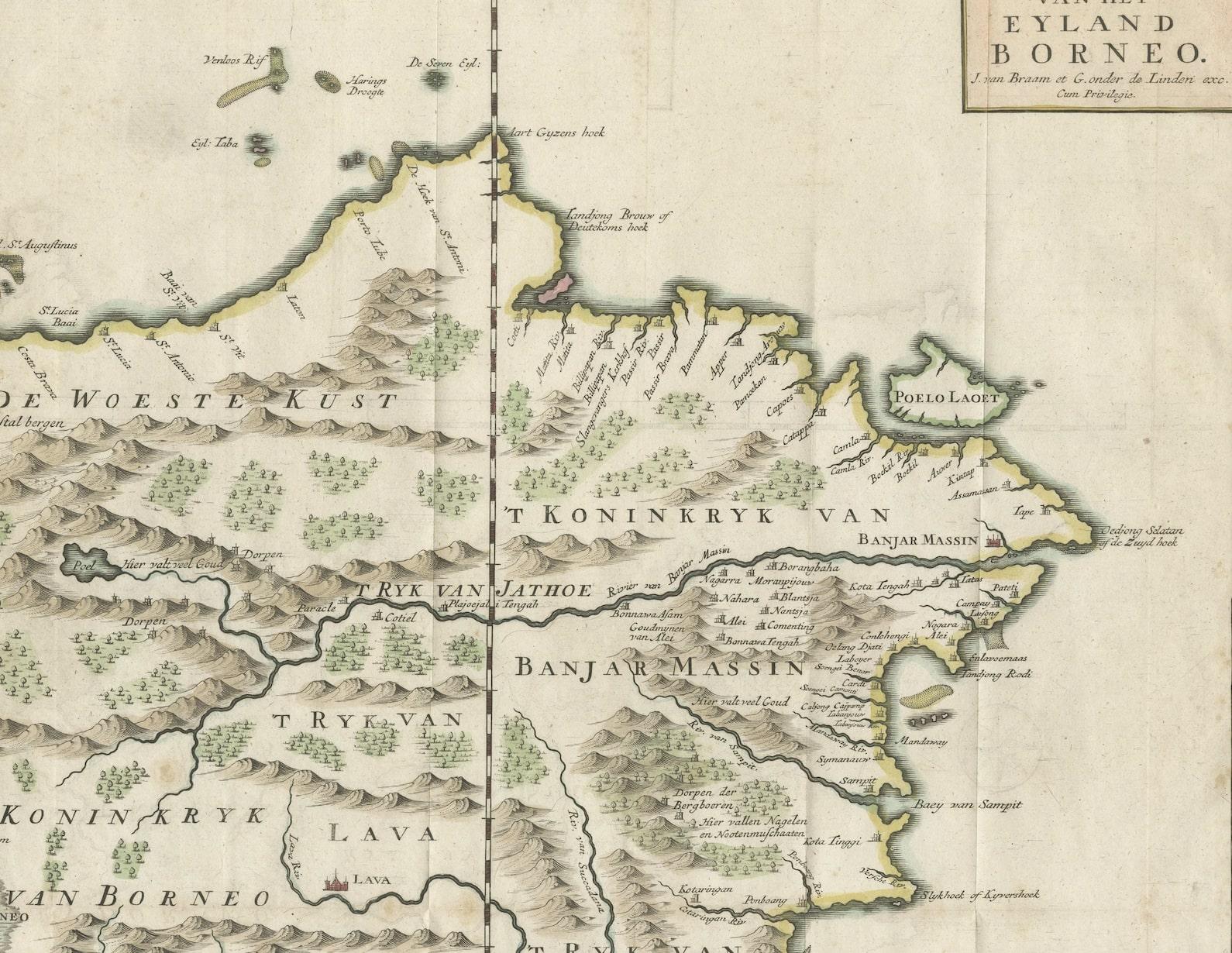 Alte antike Karte von Borneo „Kalimantan Indonesien, Sabah Malaysia & Brunei“ im Zustand „Gut“ im Angebot in Langweer, NL