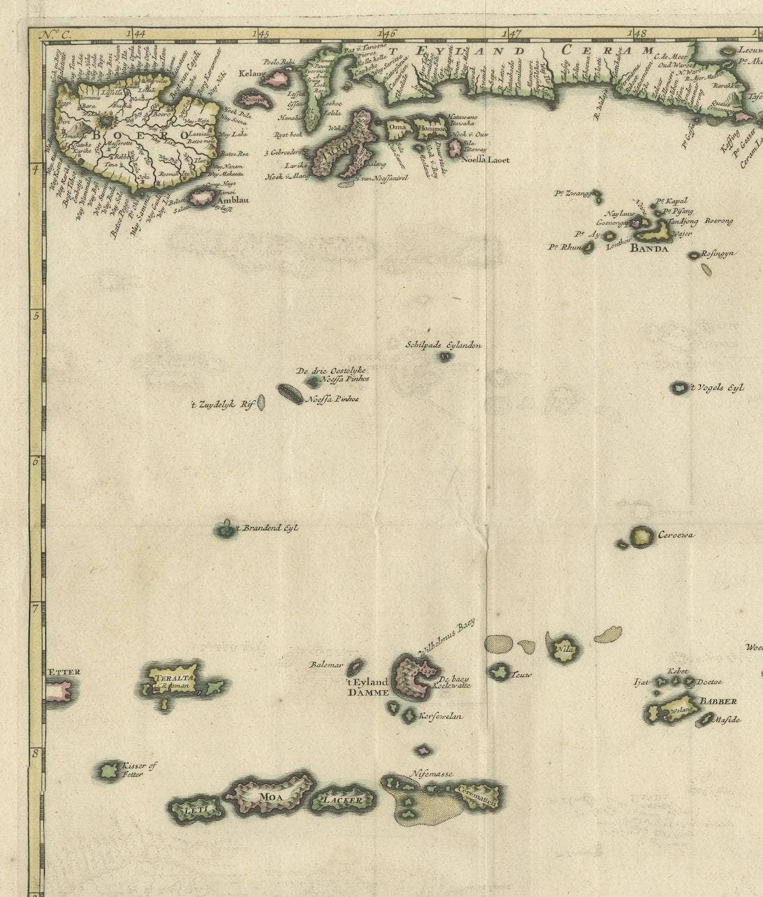 Old Antique Map of the Banda Islands (Southeast), Indonesia & Northern Australia