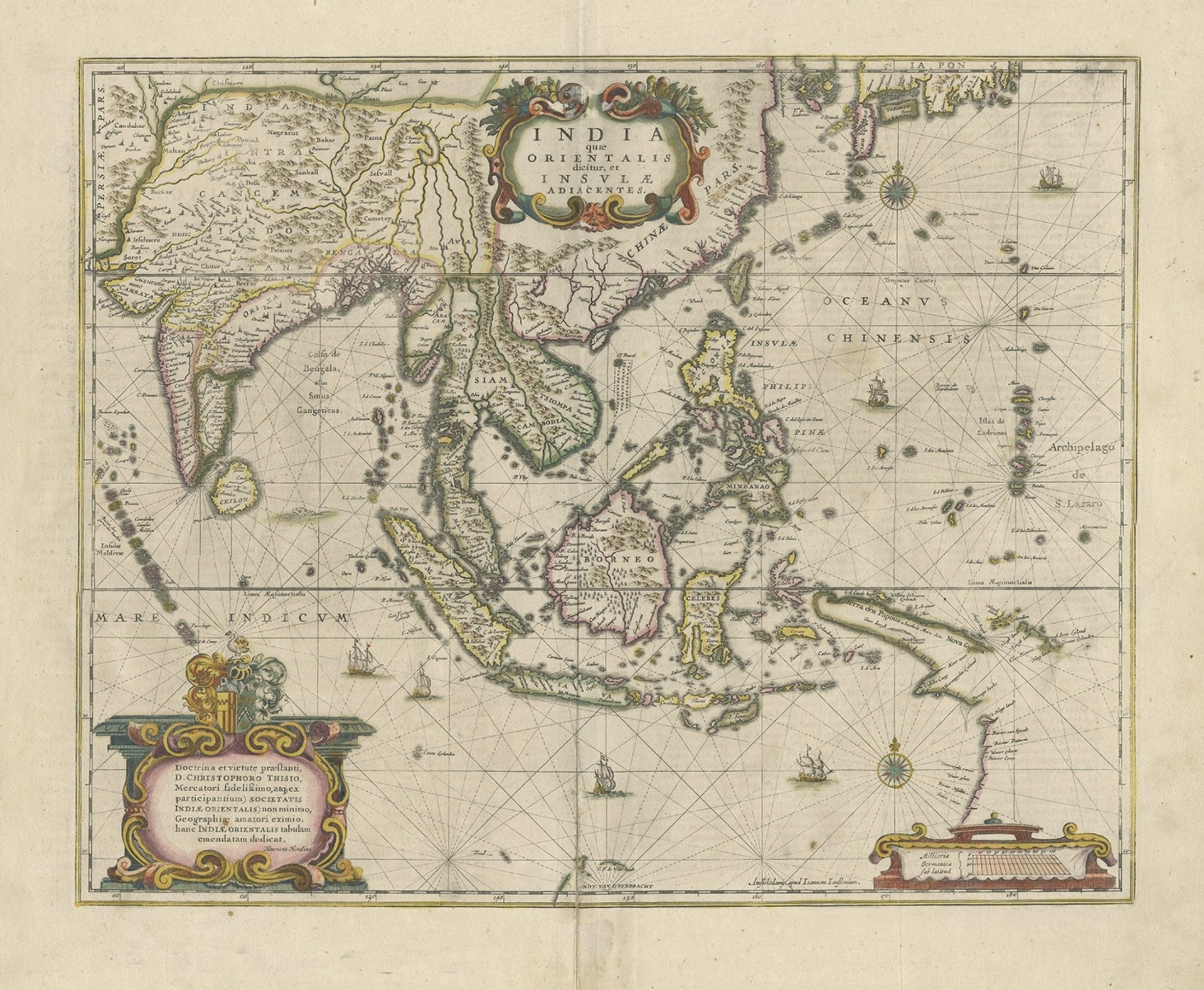 Antique map titled 'India quae Orientalis dicitur, et Insulae adiacentes'. 

Old map of the East Indies and Southeast Asia showing the area between India in the West and parts of Japan, the Marianas and New Guinea/Australia in the East. This map is