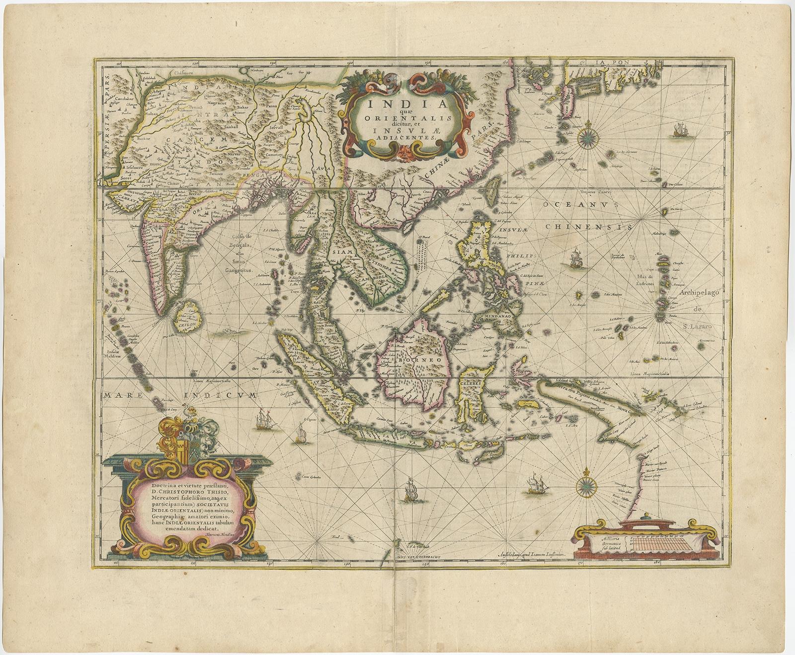 Engraved Old Antique Map of the East Indies and Southeast Asia, ca.1644 For Sale