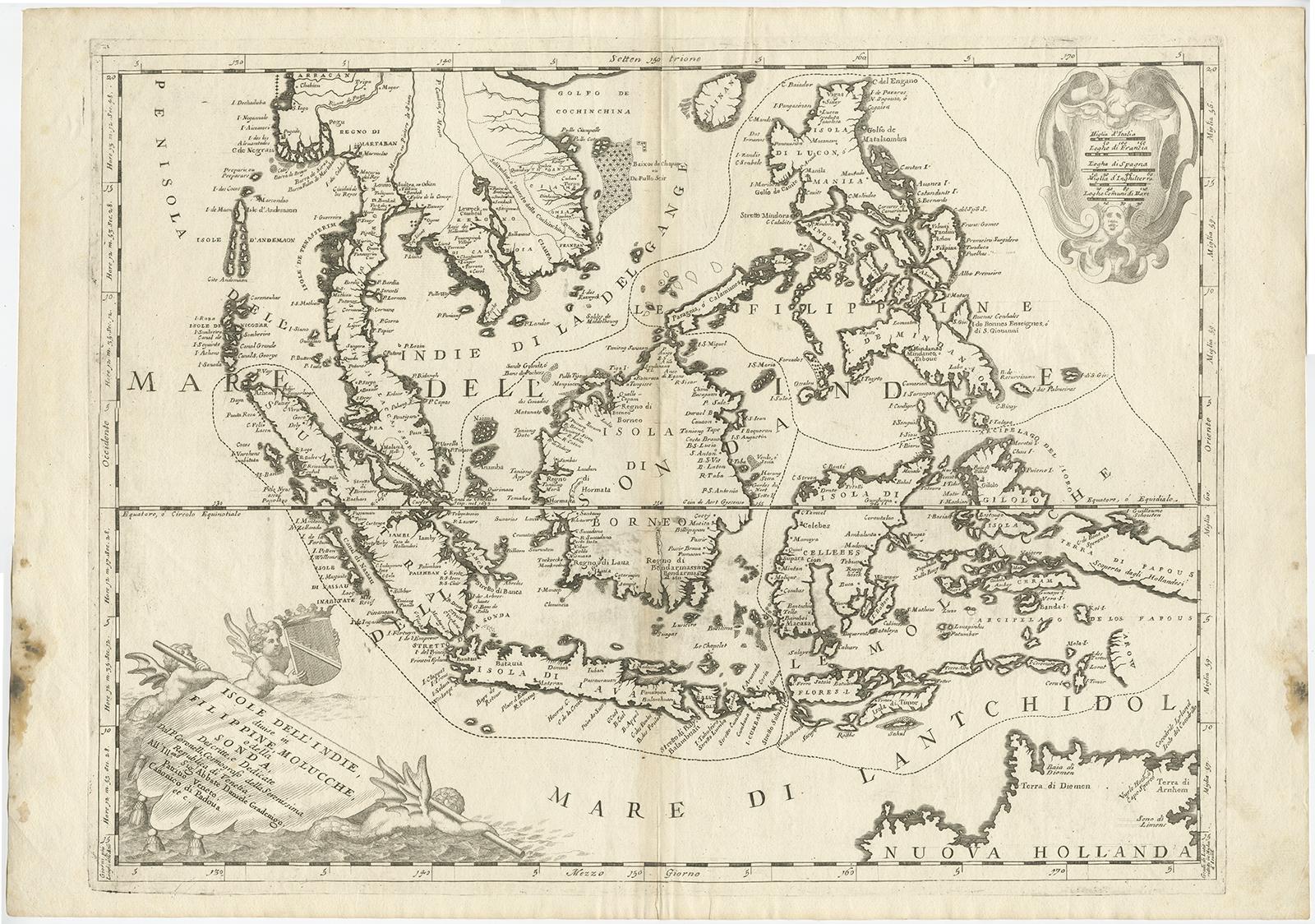 Antique map titled 'Isole dell' Indie, diuise in Filippine, Molucche e della Sonda'. 

Old map of the Philippines, Malaysia, Indonesia, Singapore, Northern Australia and contiguous islands. Ornamental cartouche at lower left with title on drape,
