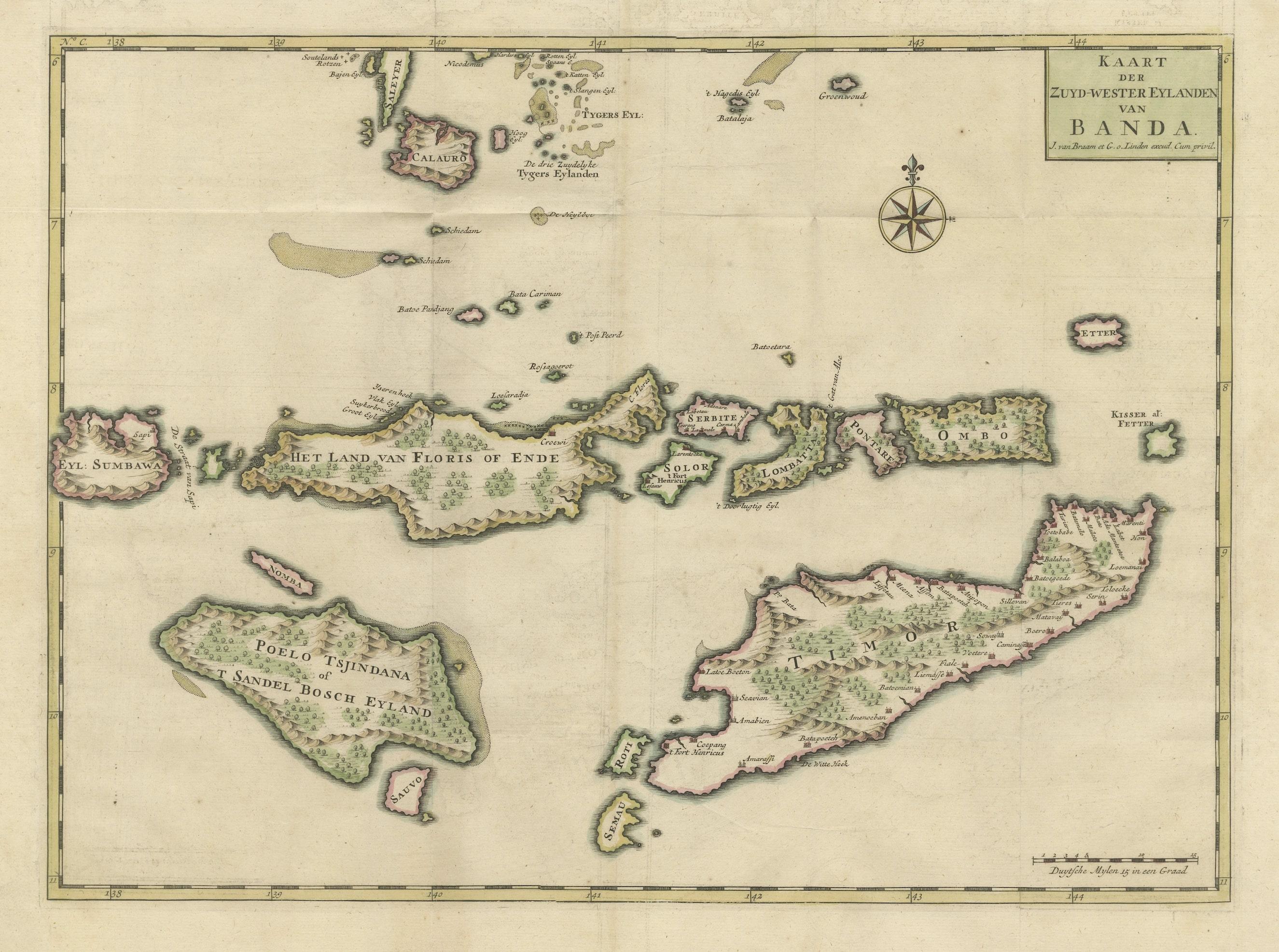 Antike Originalkarte mit dem Titel 'Kaart der Zuyd-Wester Eylanden van Banda'. Eine faszinierende Karte der Inseln im südwestlichen Teil der Banda-See einschließlich Sumba, Flores und Timor. Veröffentlicht 1724-1726 von Joannes van Braam und Gerard