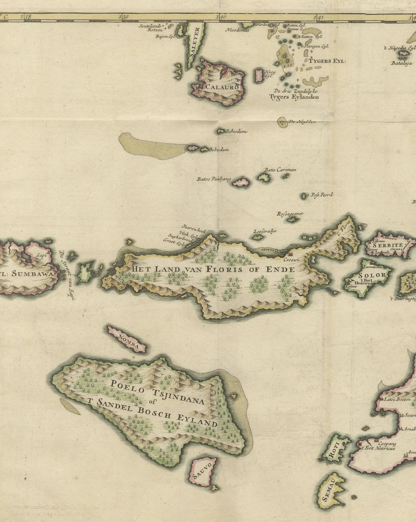 Alte antike Karte des Sumbawa, Flores, Timor in der Banda-Region in Indonesien (18. Jahrhundert) im Angebot
