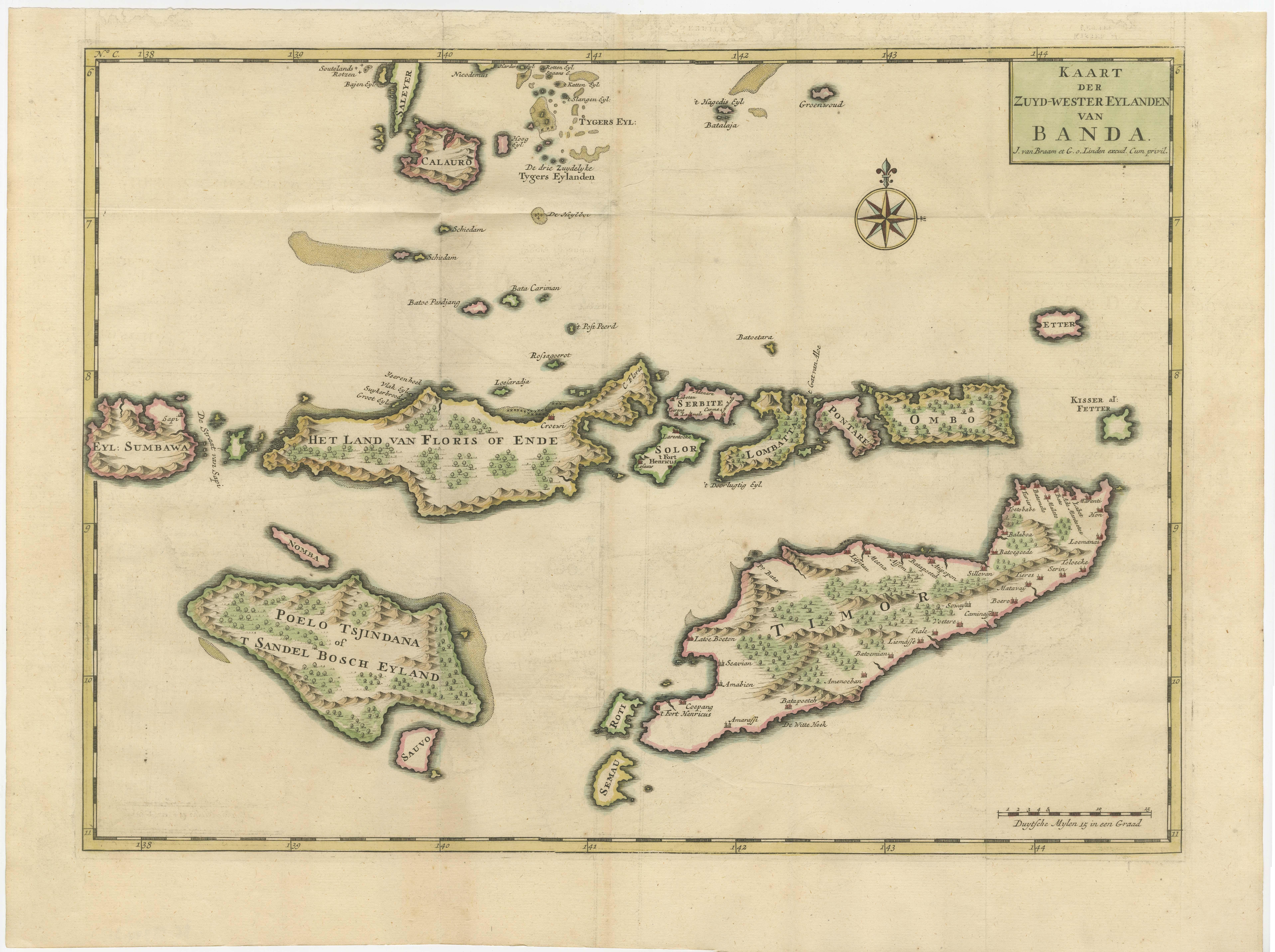 Alte antike Karte des Sumbawa, Flores, Timor in der Banda-Region in Indonesien (Papier) im Angebot
