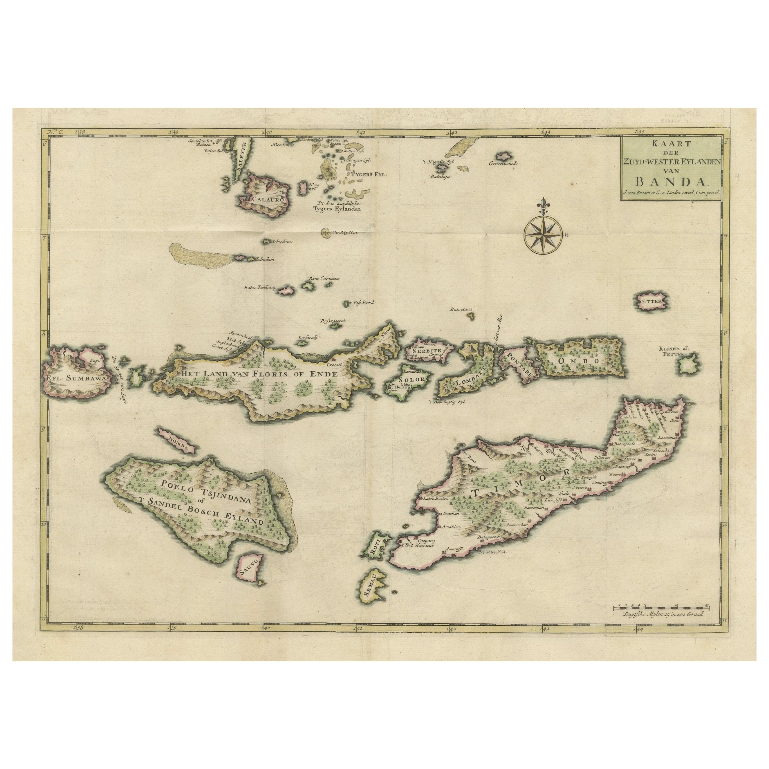 Vecchia mappa antica di Sumbawa, Flores, Timor nella regione di Banda in Indonesia in vendita