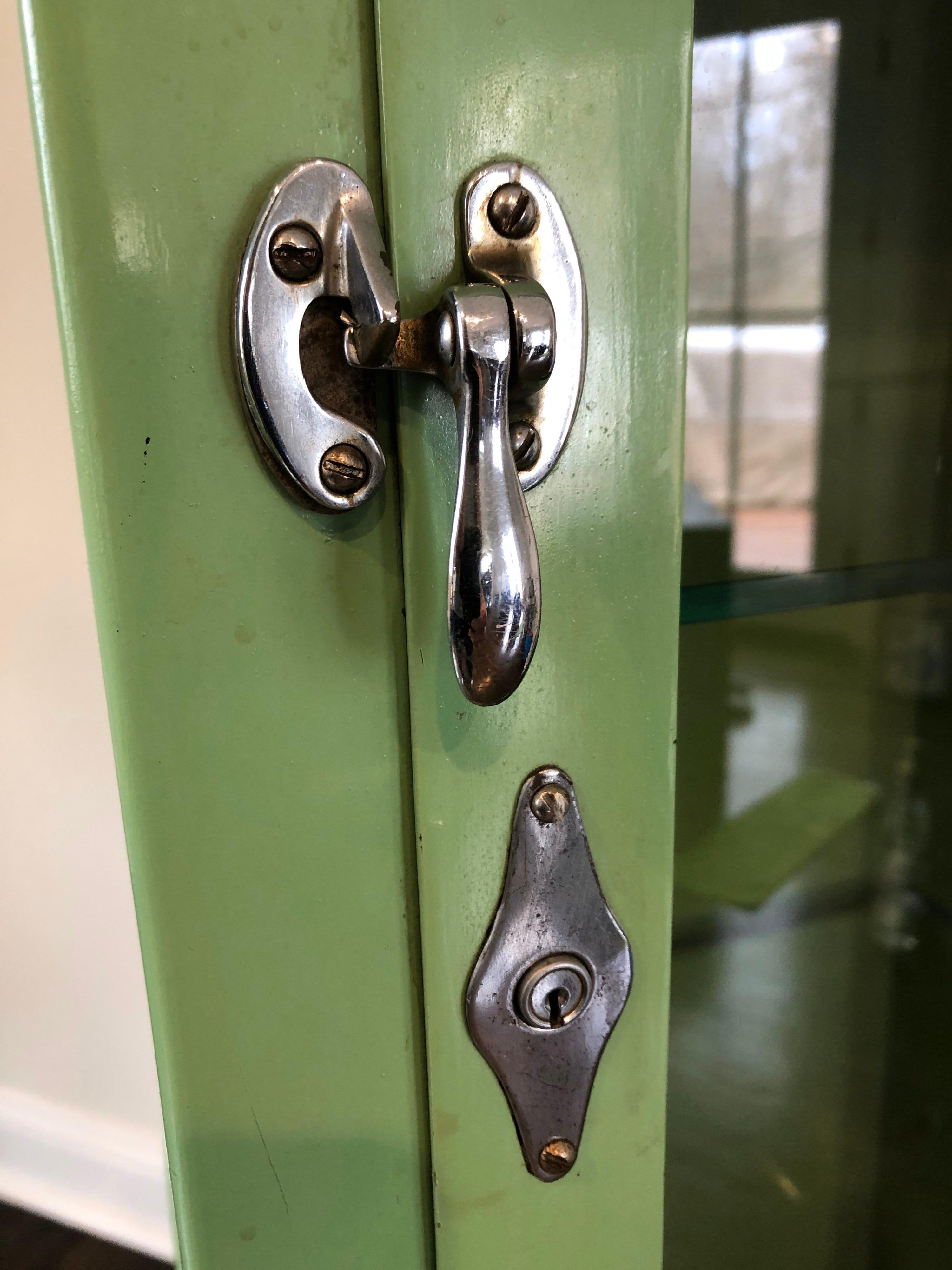 Mid-20th Century Old Antique Medical Cabinet in Citrus Green, Chrome-Plated Hardware