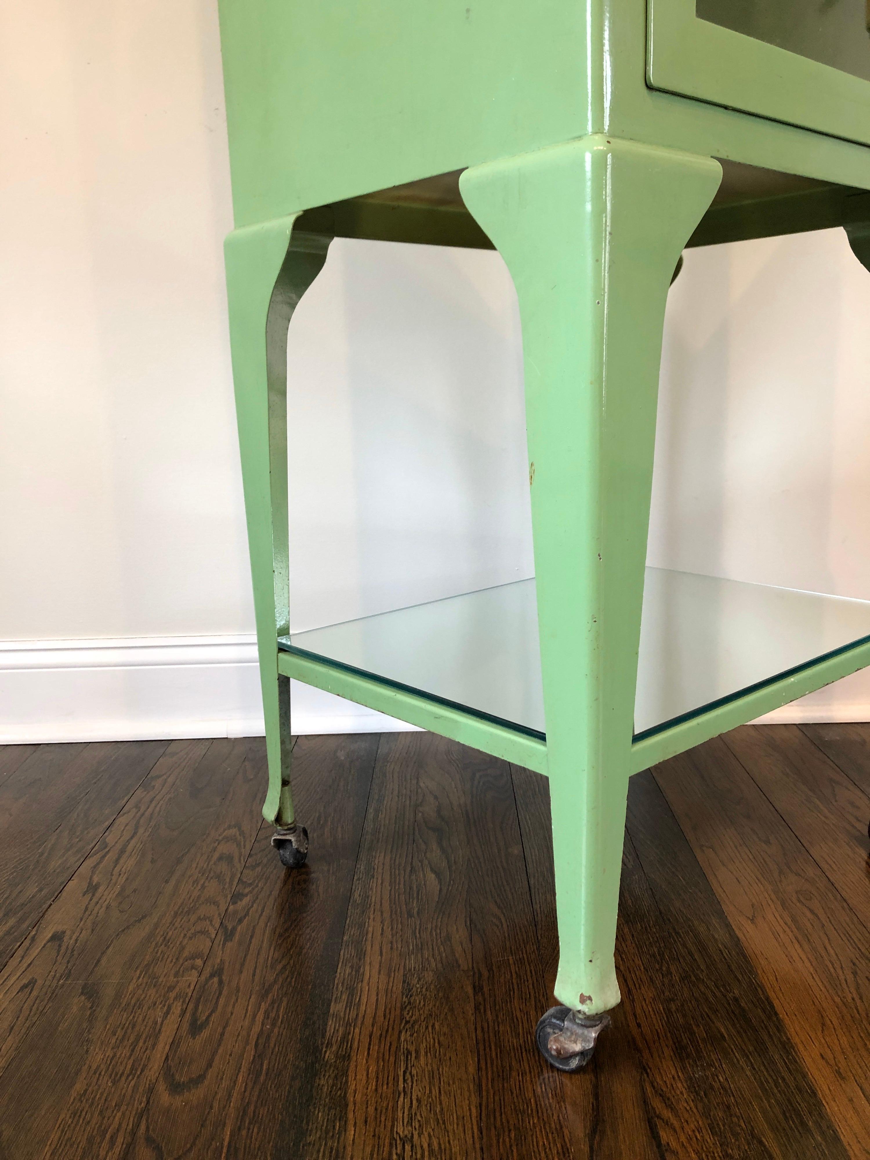 Metal Old Antique Medical Cabinet in Citrus Green, Chrome-Plated Hardware