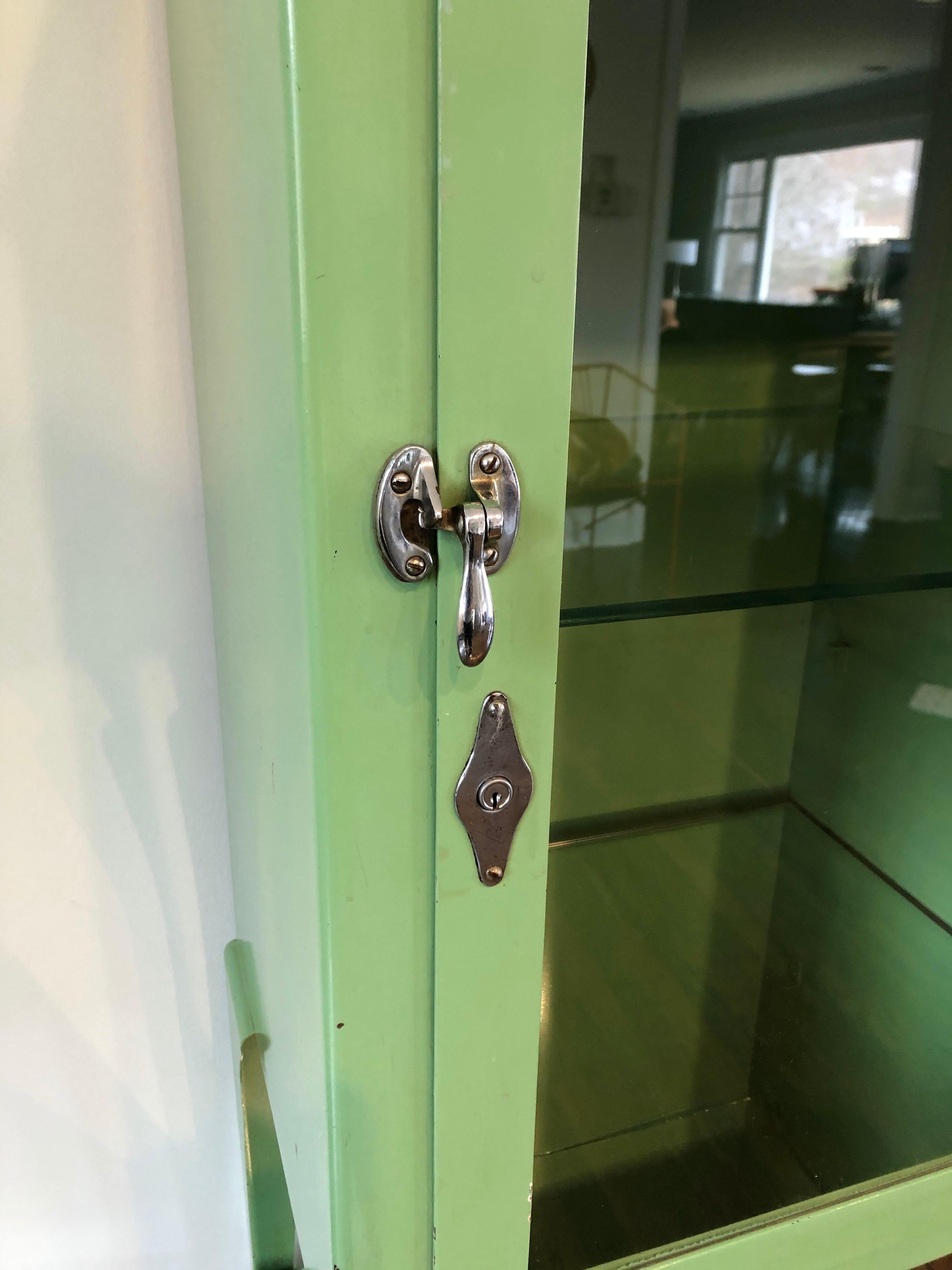 Old Antique Medical Cabinet in Citrus Green, Chrome-Plated Hardware 1