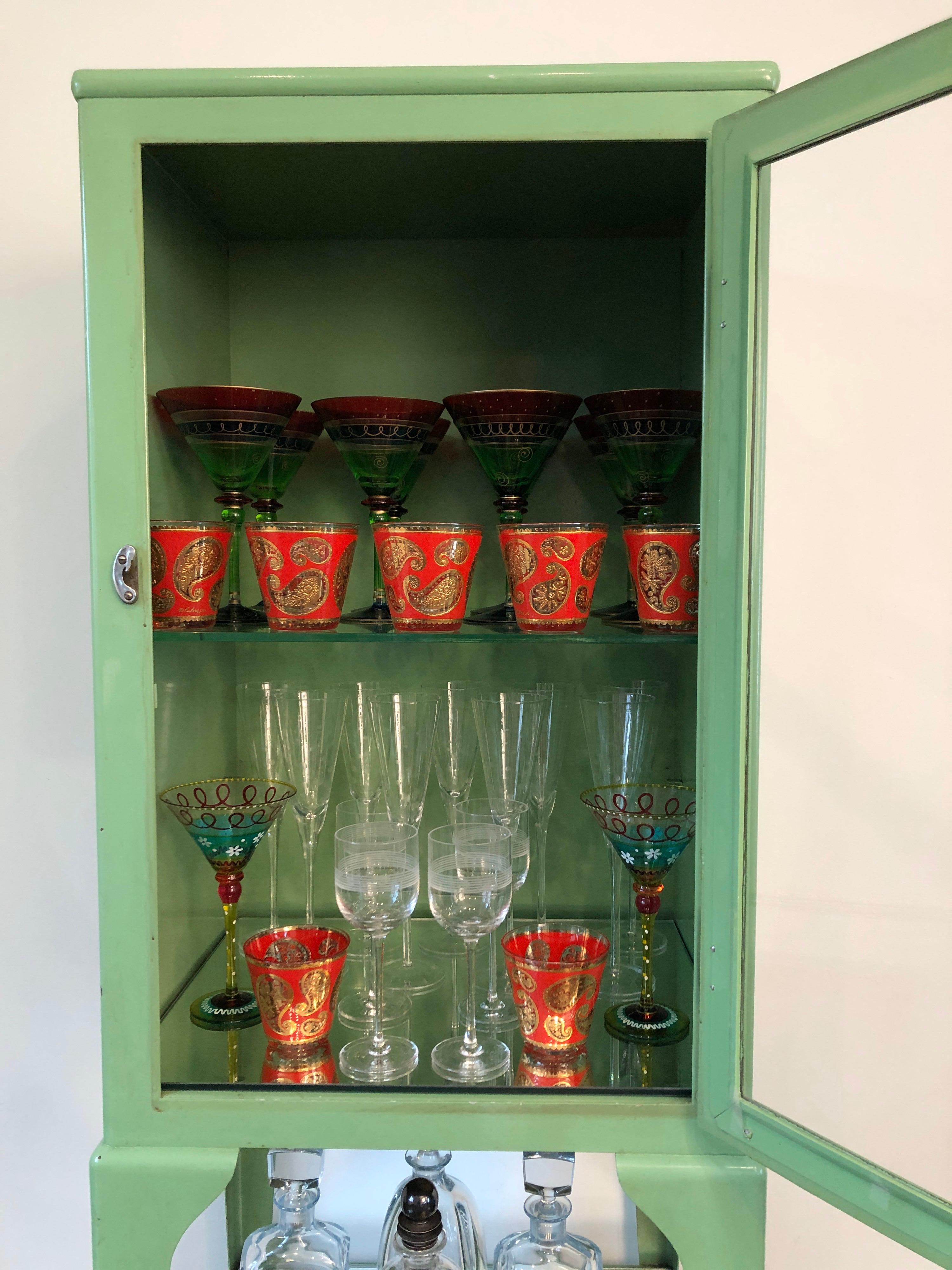 Old Antique Medical Cabinet in Citrus Green, Chrome-Plated Hardware 2