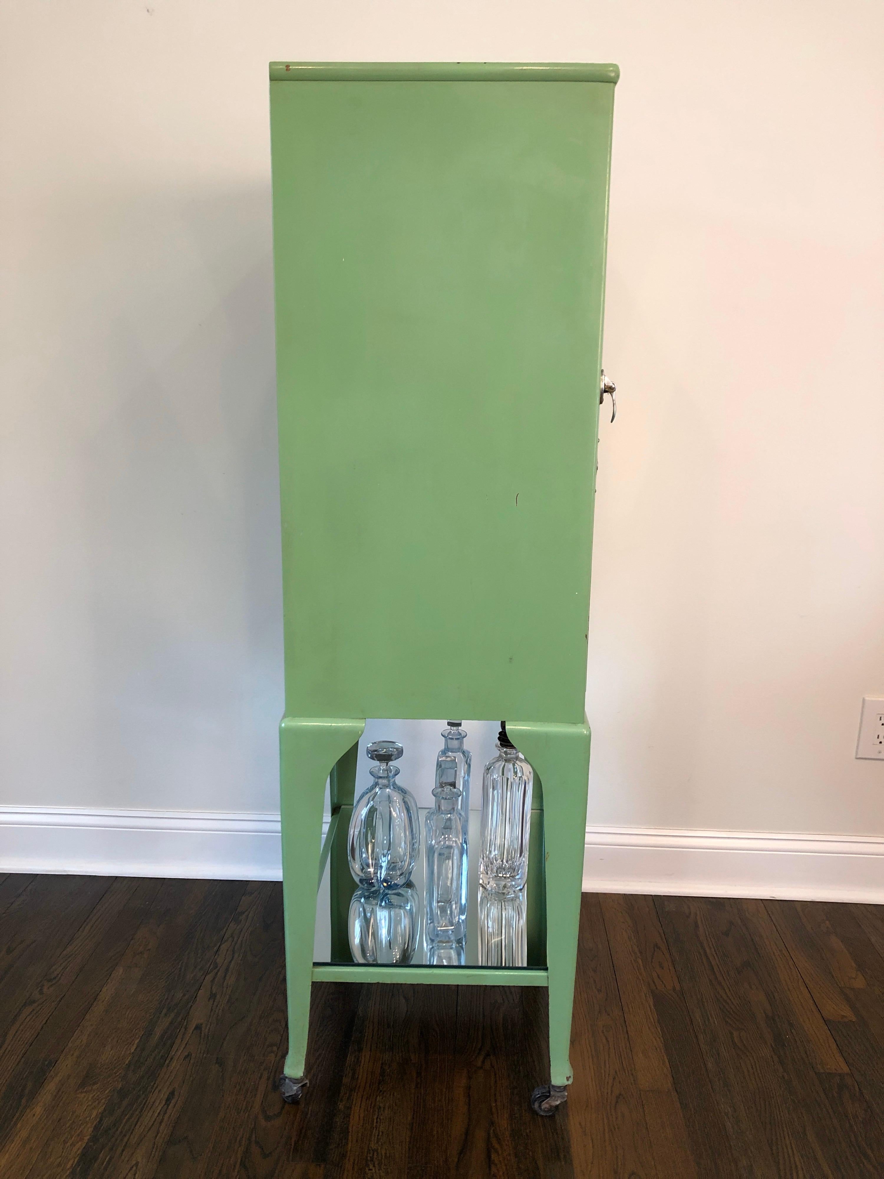 Industrial Old Antique Medical Cabinet in Citrus Green, Chrome-Plated Hardware