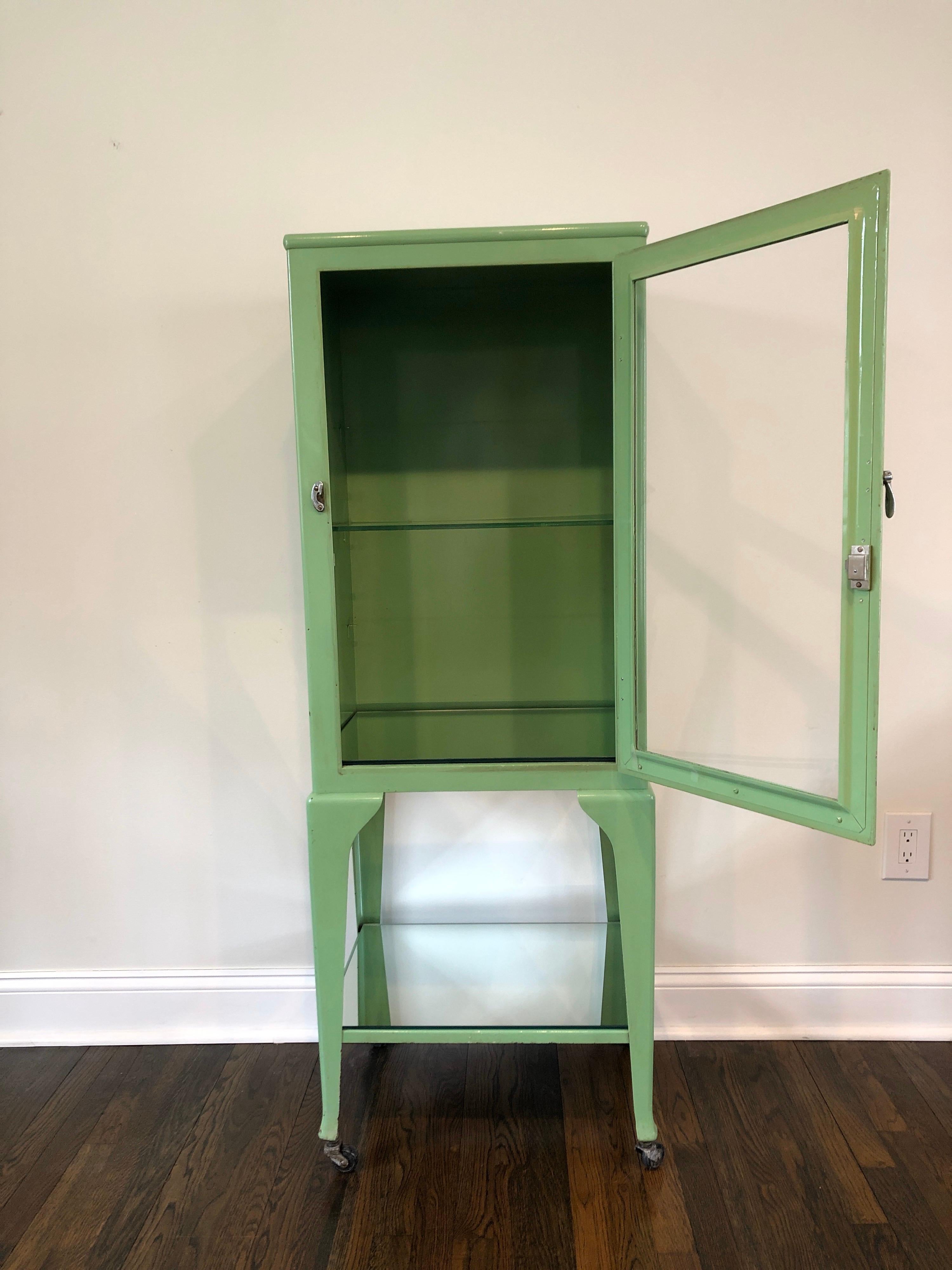 Machine-Made Old Antique Medical Cabinet in Citrus Green, Chrome-Plated Hardware
