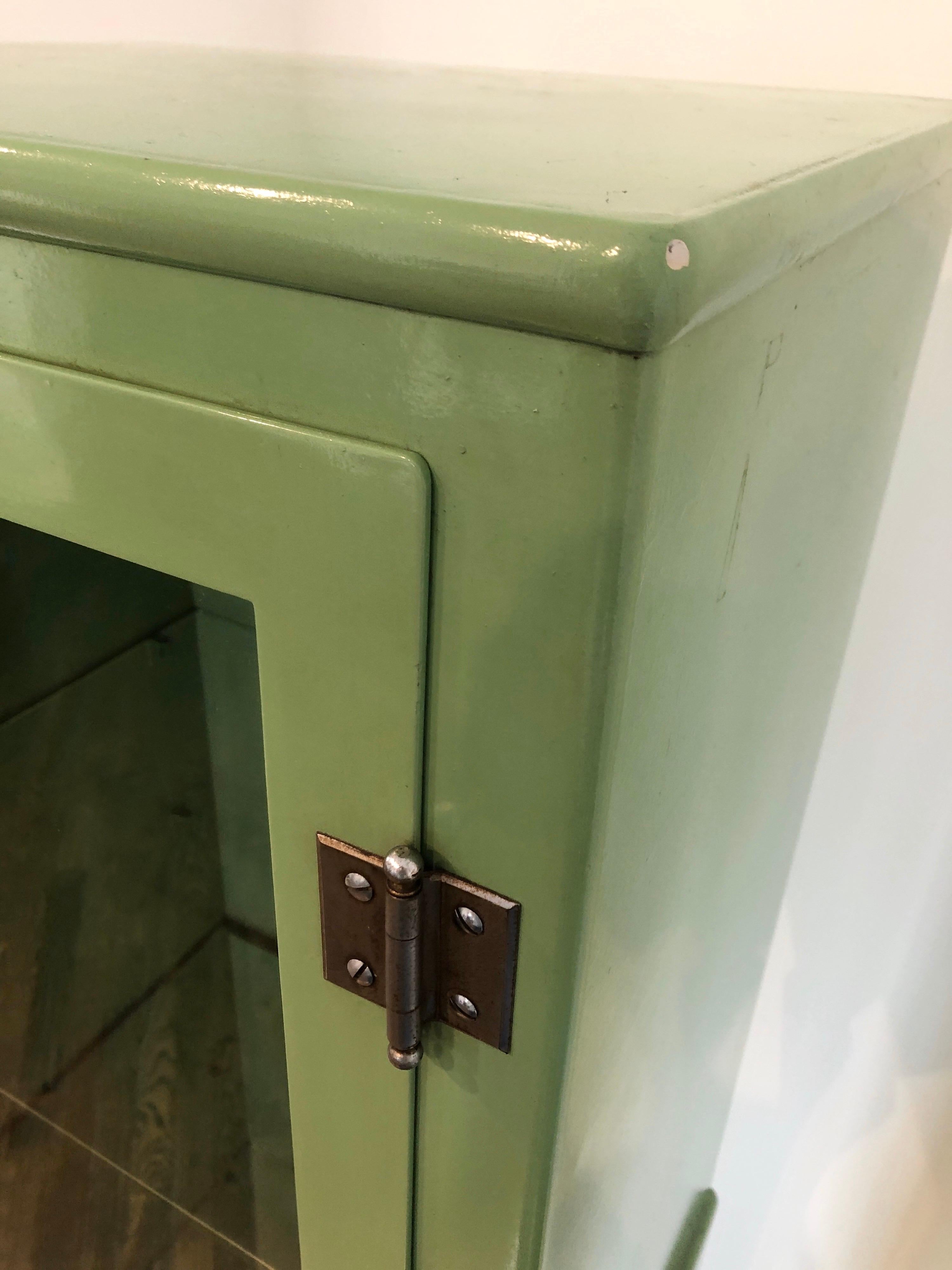 Old Antique Medical Cabinet in Citrus Green, Chrome-Plated Hardware In Good Condition In Manhasset, NY