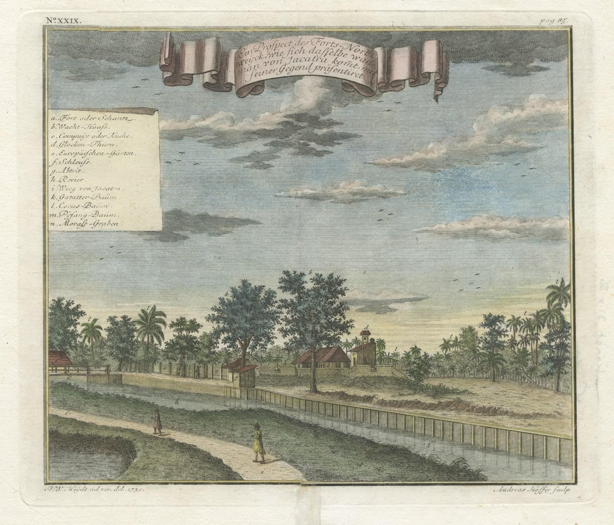 Old Antique Print of Fort Noordwijk, Batavia 'Jakarta, Indonesia', 1739 In Good Condition For Sale In Langweer, NL