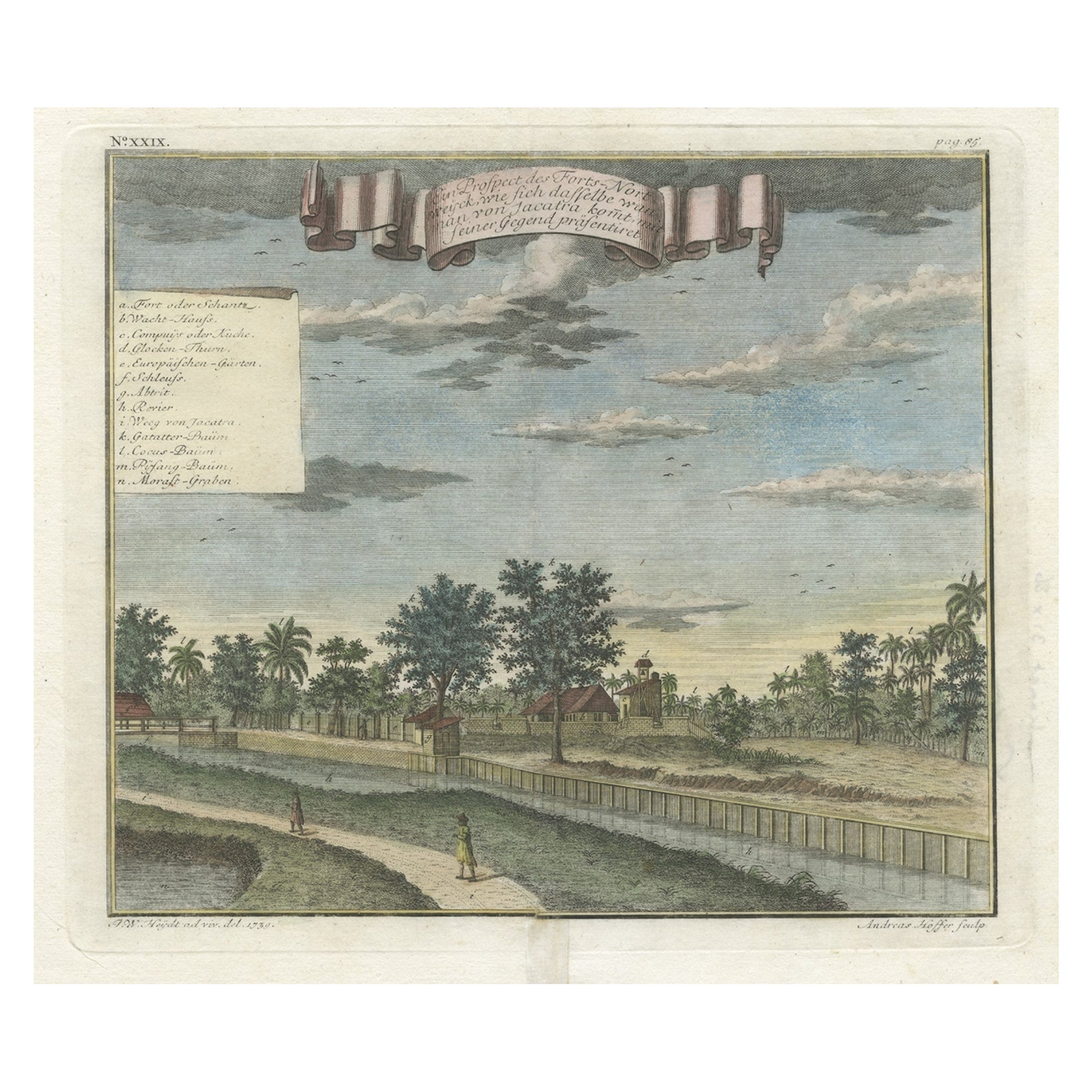 Ancienne estampe ancienne de Fort Noordwijk, Batavia, Indonésie, 1739